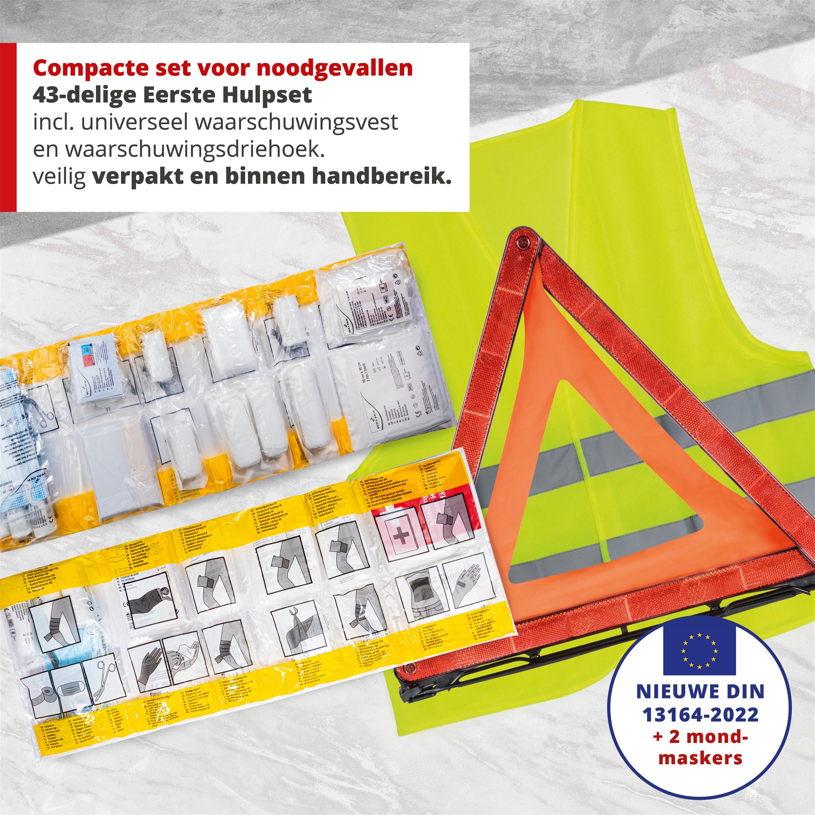EHBO-tas auto rood volgens DIN 13164:2022 incl. pechdriehoek en high-visibility vest, EHBO-set auto