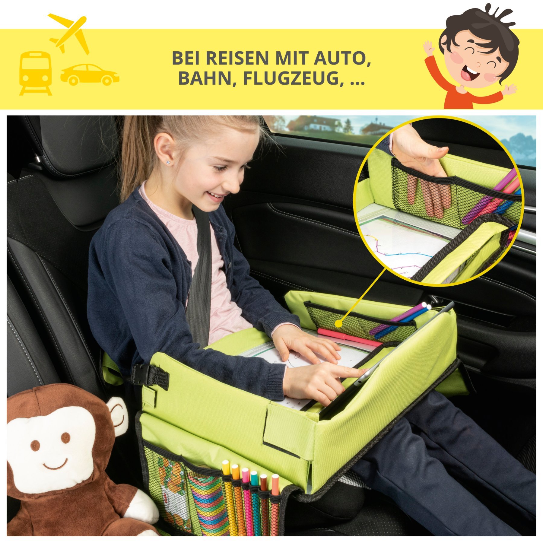 Kinder-Reisespieltisch-Auto mit Tablethalterung grün