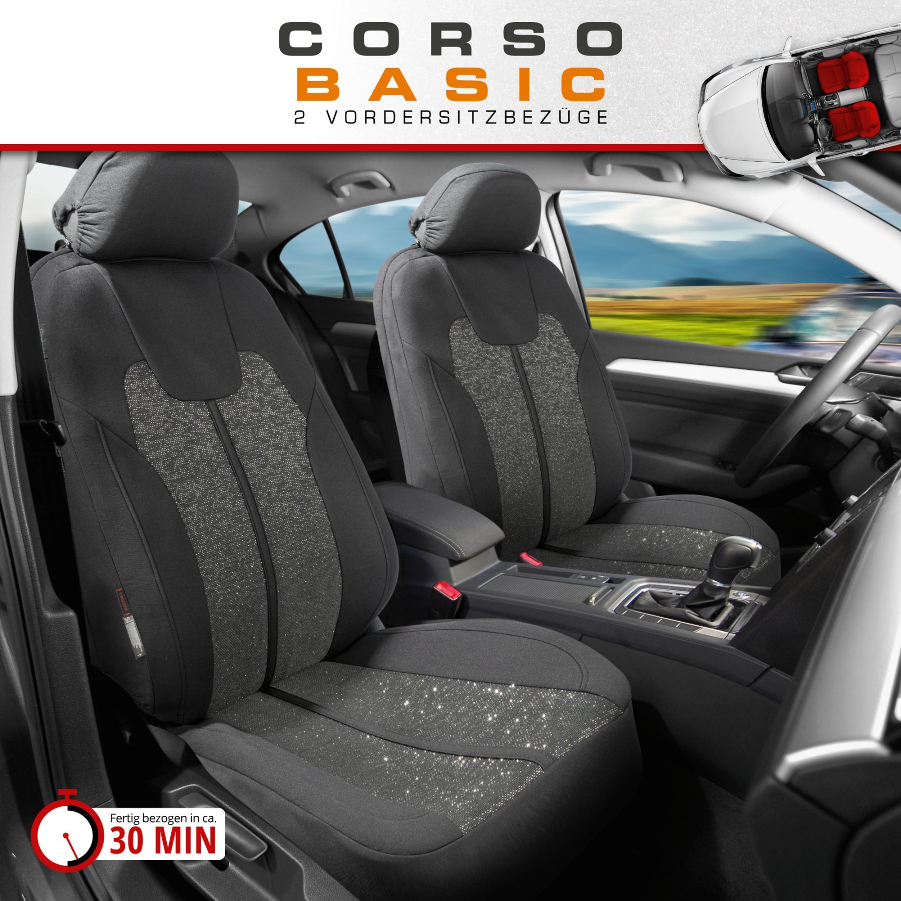 ZIPP IT Autositzbezüge Corso für zwei Vordersitze mit Reißverschluss-System schwarz/silber