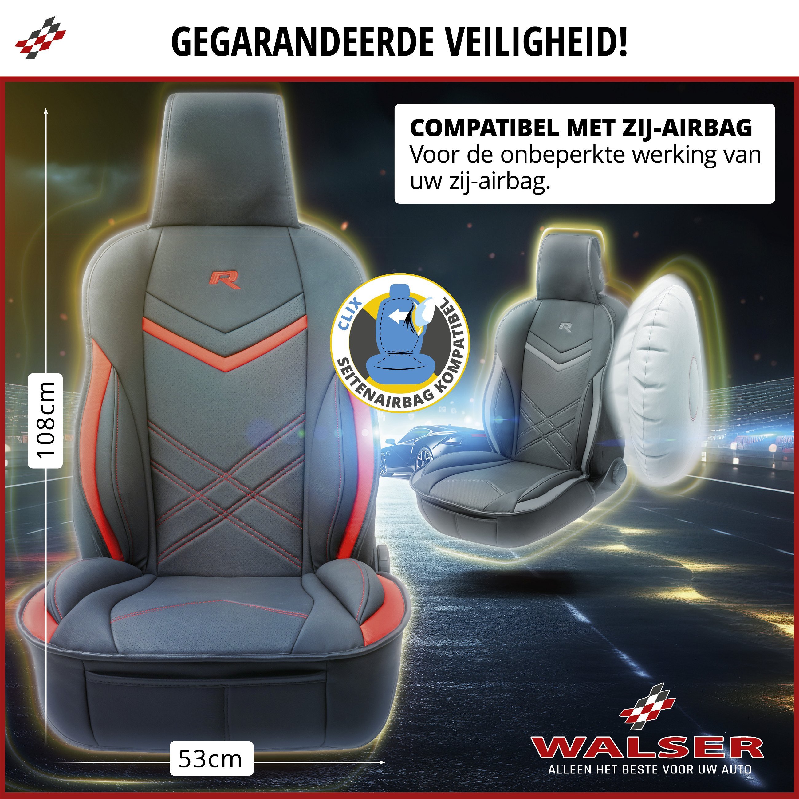 Autostoelhoes Rey, universele stoelhoes en beschermmat in zwart-grijs, stoelbeschermer voor auto's en vrachtwagens in racing look