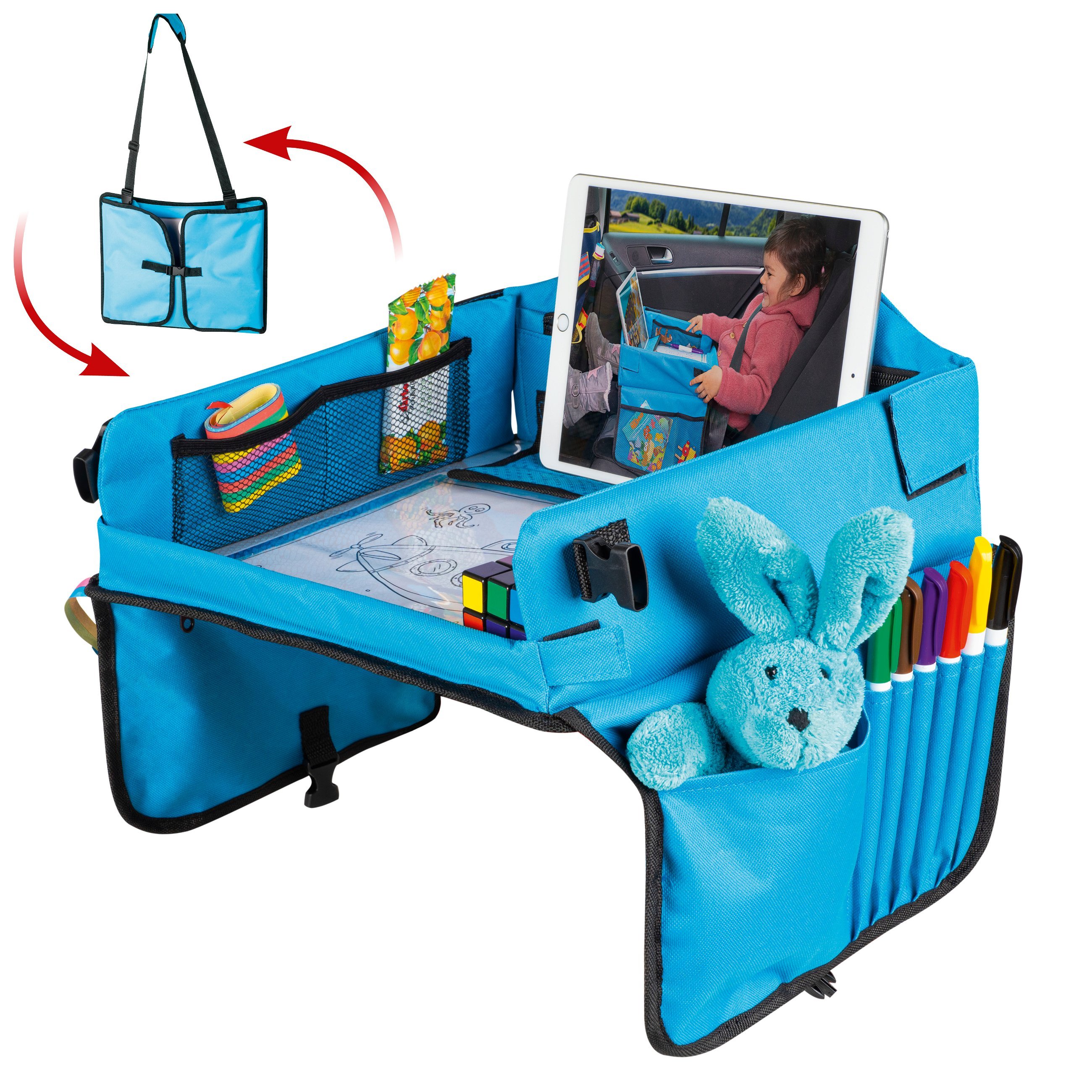 Children's travel play table for the car with tablet holder blue