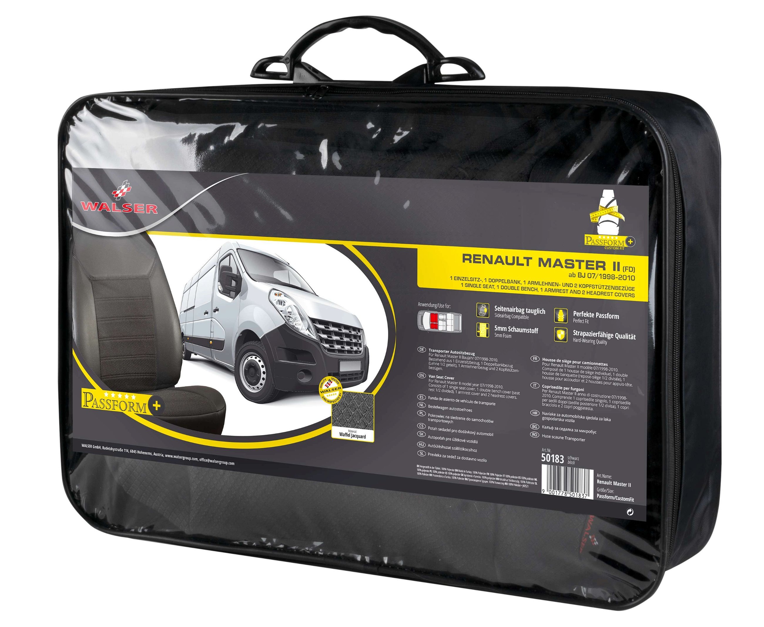 Premium Housse de siège pour Renault Master II 1998- auj., 1 housse de siège simple avant + housse d'accoudoir, 1 couverture de banc double
