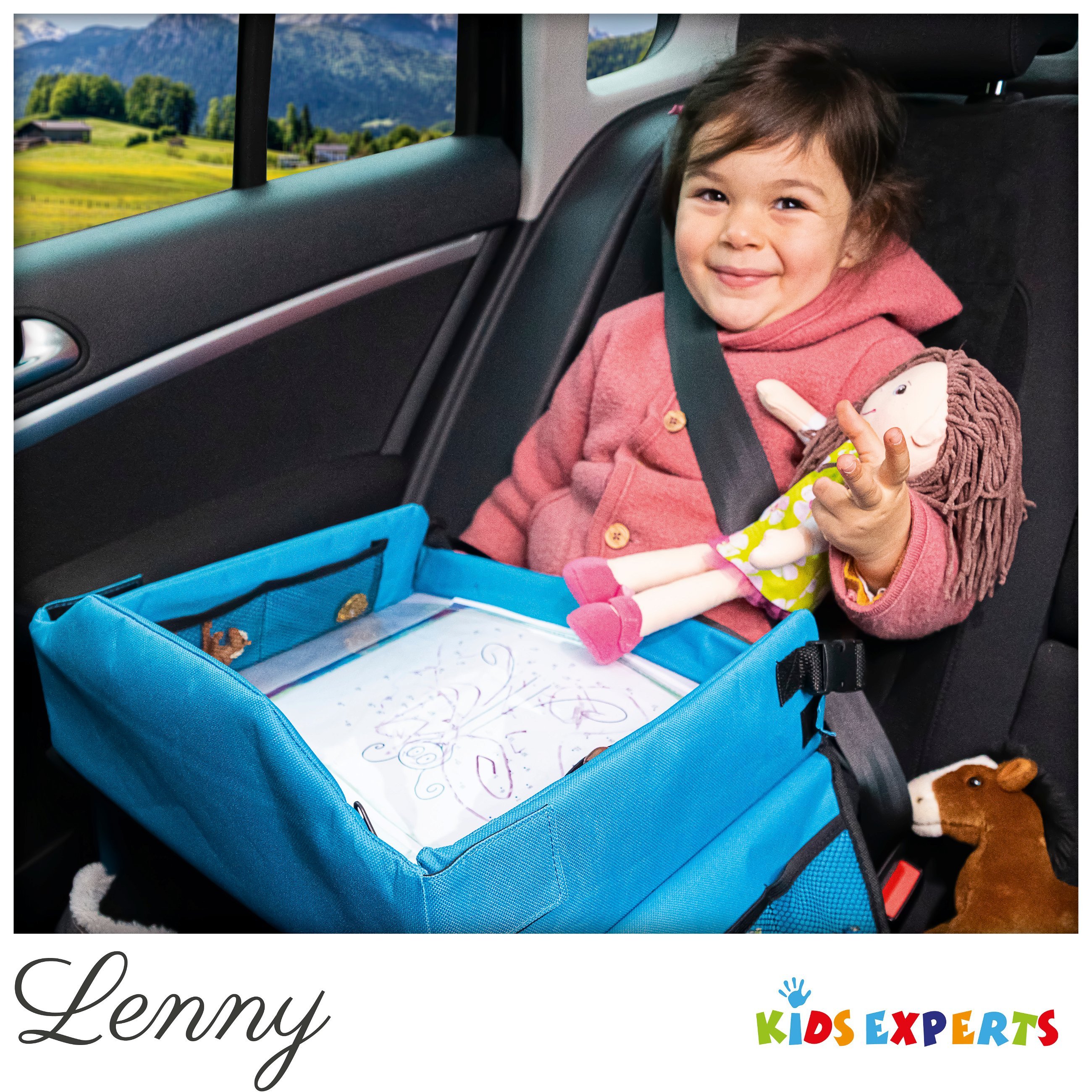Children's travel play table for the car with tablet holder blue