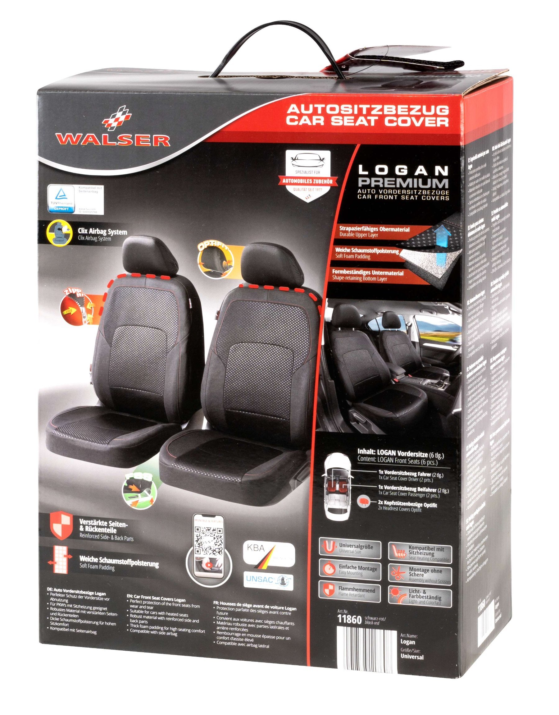 Autositzbezug ZIPP-IT Premium Logan, PKW-Schonbezüge für 2 Vordersitze mit Reißverschluss-System schwarz/rot