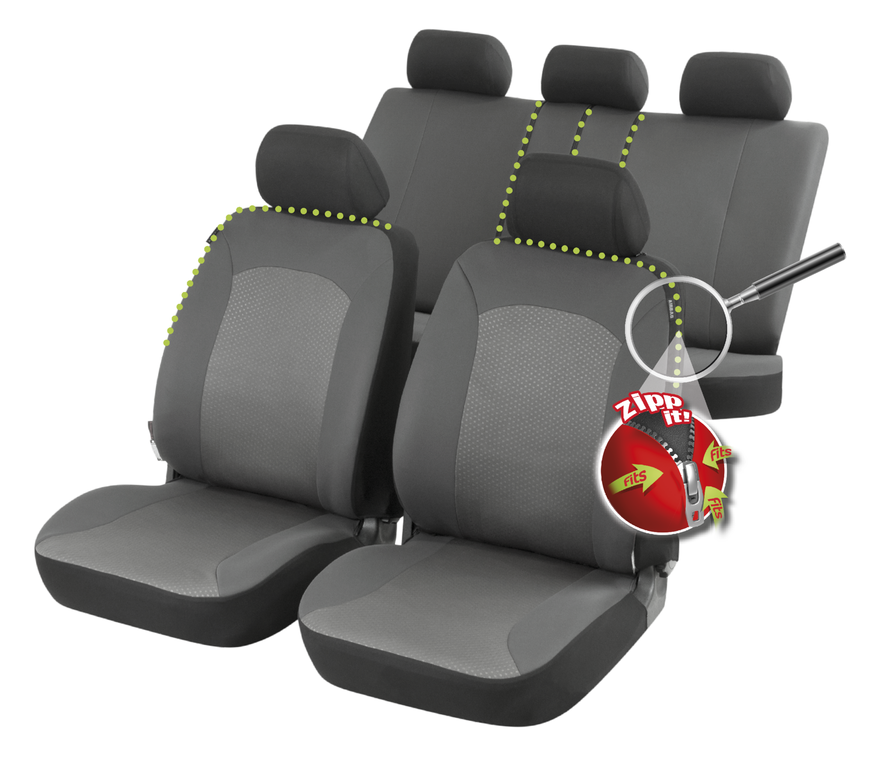 Auto stoelbeschermer Manhay met Zipper ZIPP-IT Autostoelhoes, set, 2 stoelbeschermer voor voorstoel, 1 stoelbeschermer voor achterbank grijs
