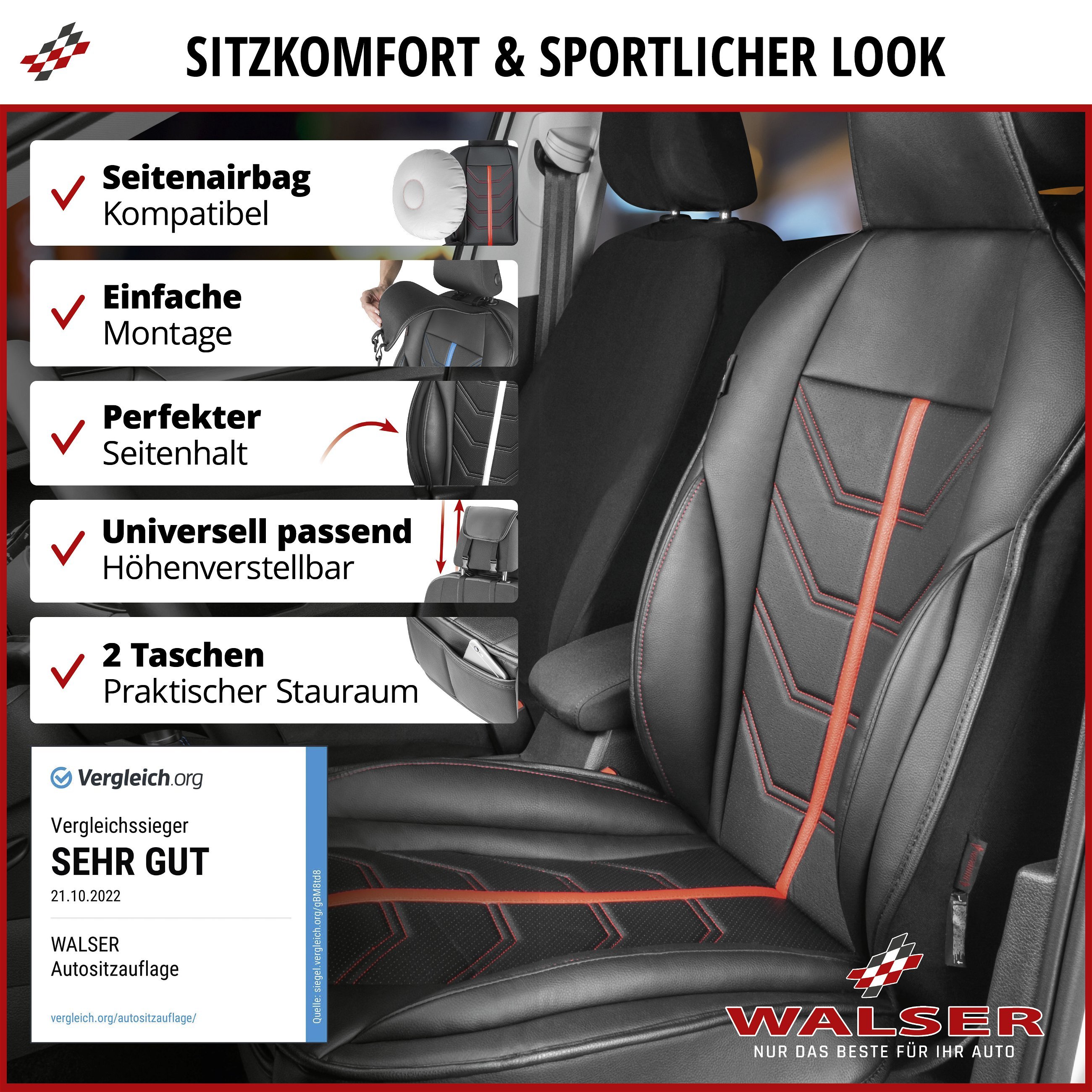 PKW Sitzauflage Kimi, Auto-Sitzaufleger im Rennsportdesign schwarz/rot