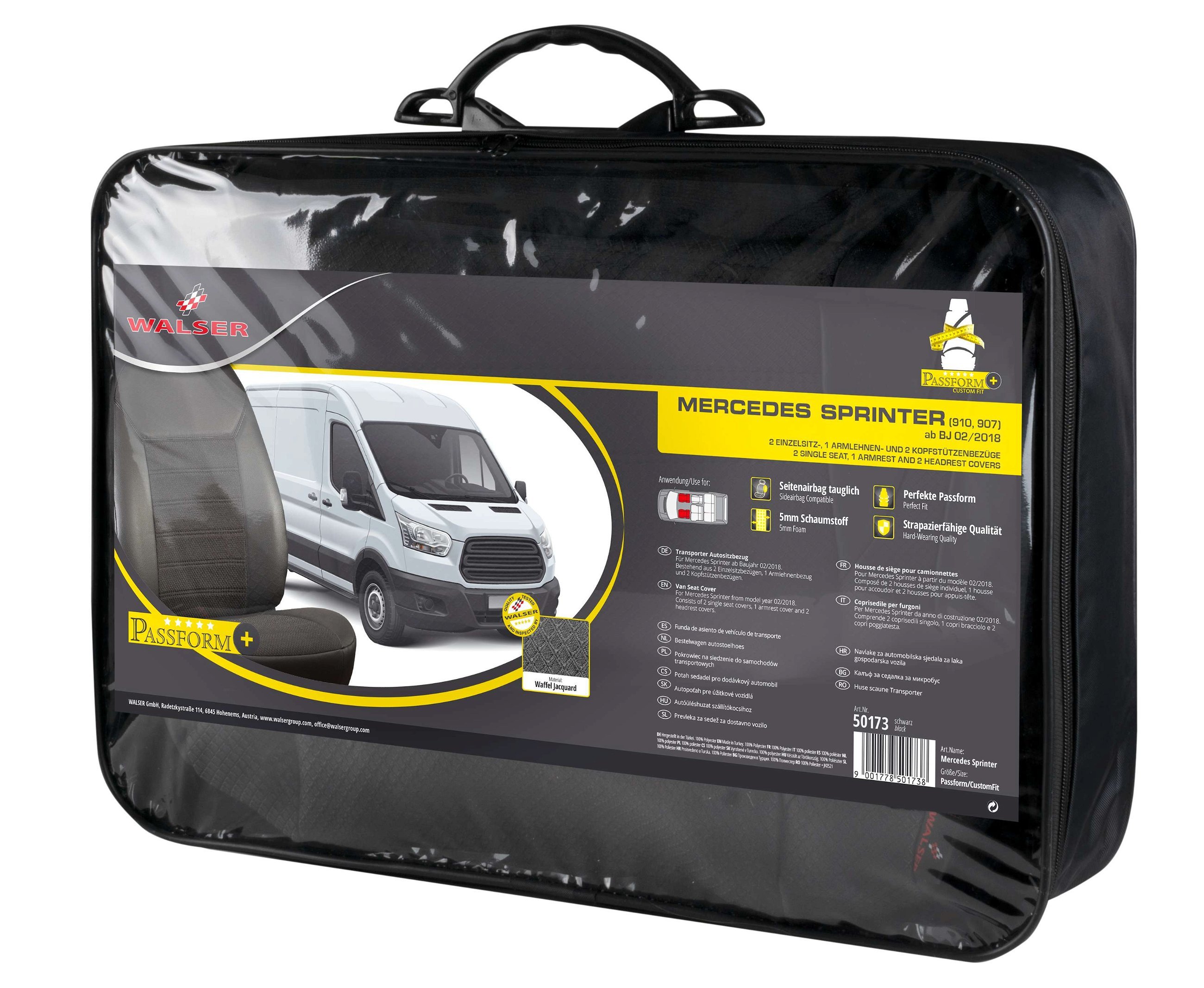 Premium Autostoelbekleding compatibel met Mercedes-Benz Sprinter 02/2018-Vandaag, 1 enkel stoelbekleding front + Armsteunbeschermer, 1 Dubbele bankhoes