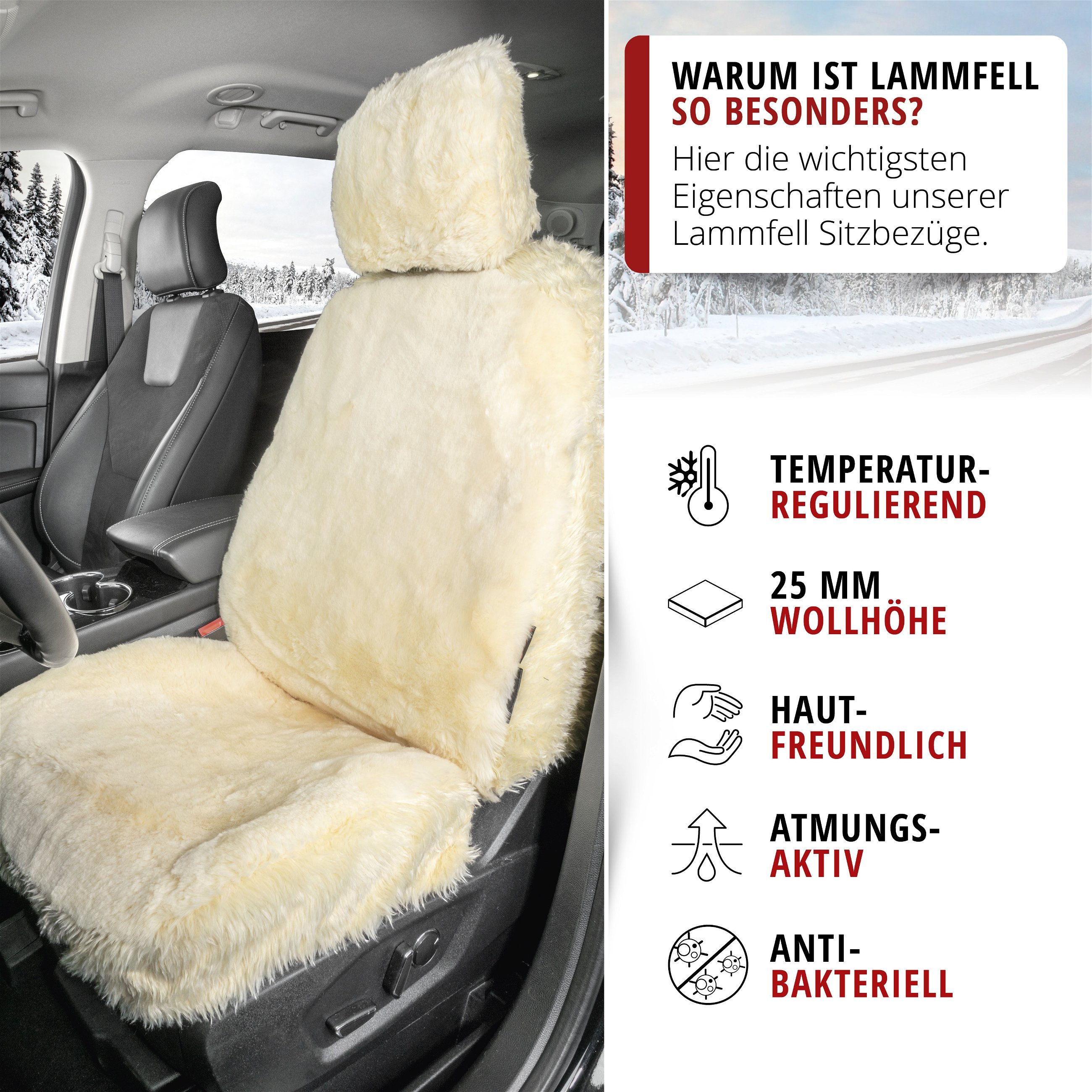 Autositzbezug Maya aus Lammfell, PKW-Schonbezug Einzelsitz, Lammfellbezug beige