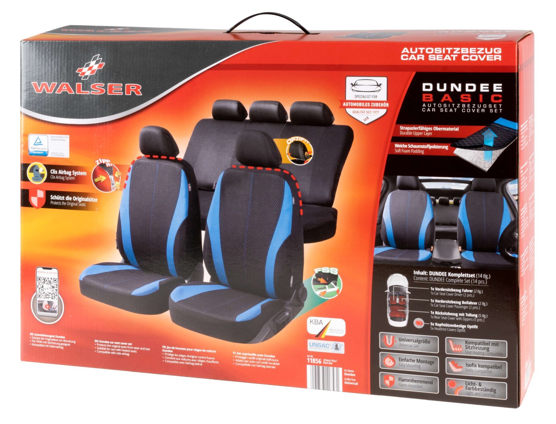 Autostoelbekleding Dundee met Zipper ZIPP-IT, Autostoelhoes set, 2 stoelbeschermer voor voorstoel, 1 stoelbeschermer voor achterbank zwart/blauw