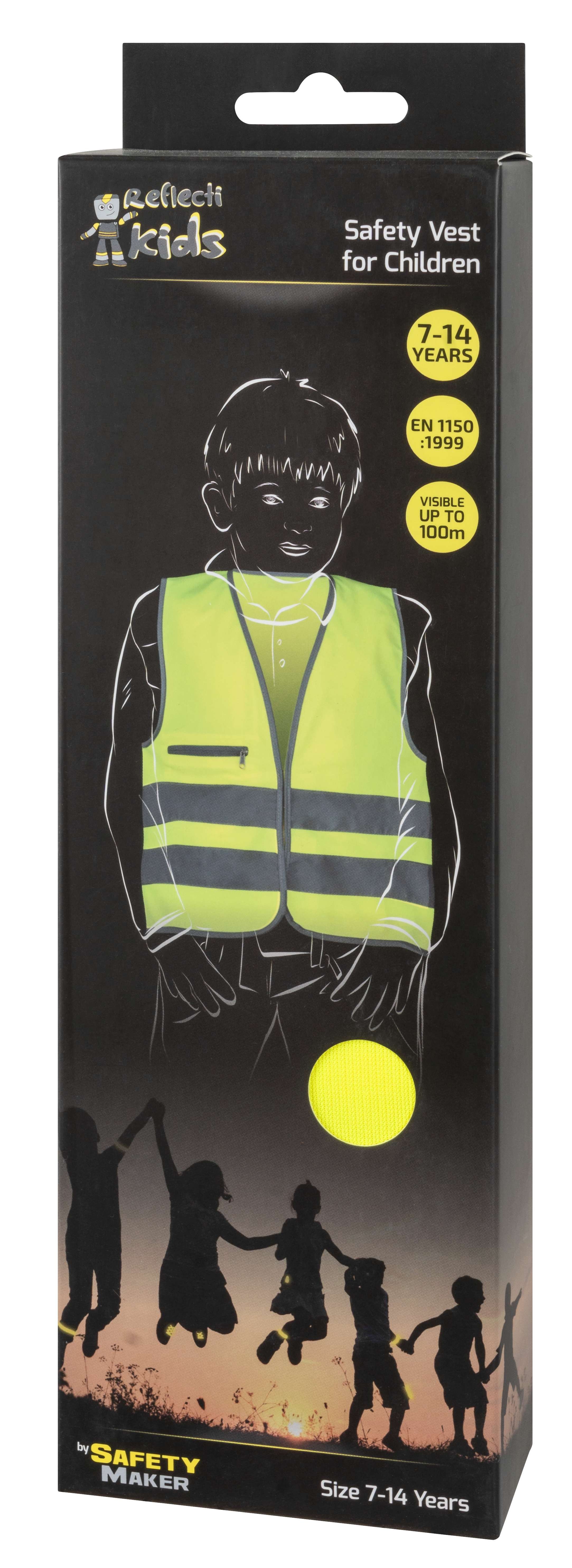 Safety Maker Veiligheidsvest voor kinderen, hoge zichtbaarheidsvest, reflecterend vest, reflecterend voor 7-14 jaar, geel