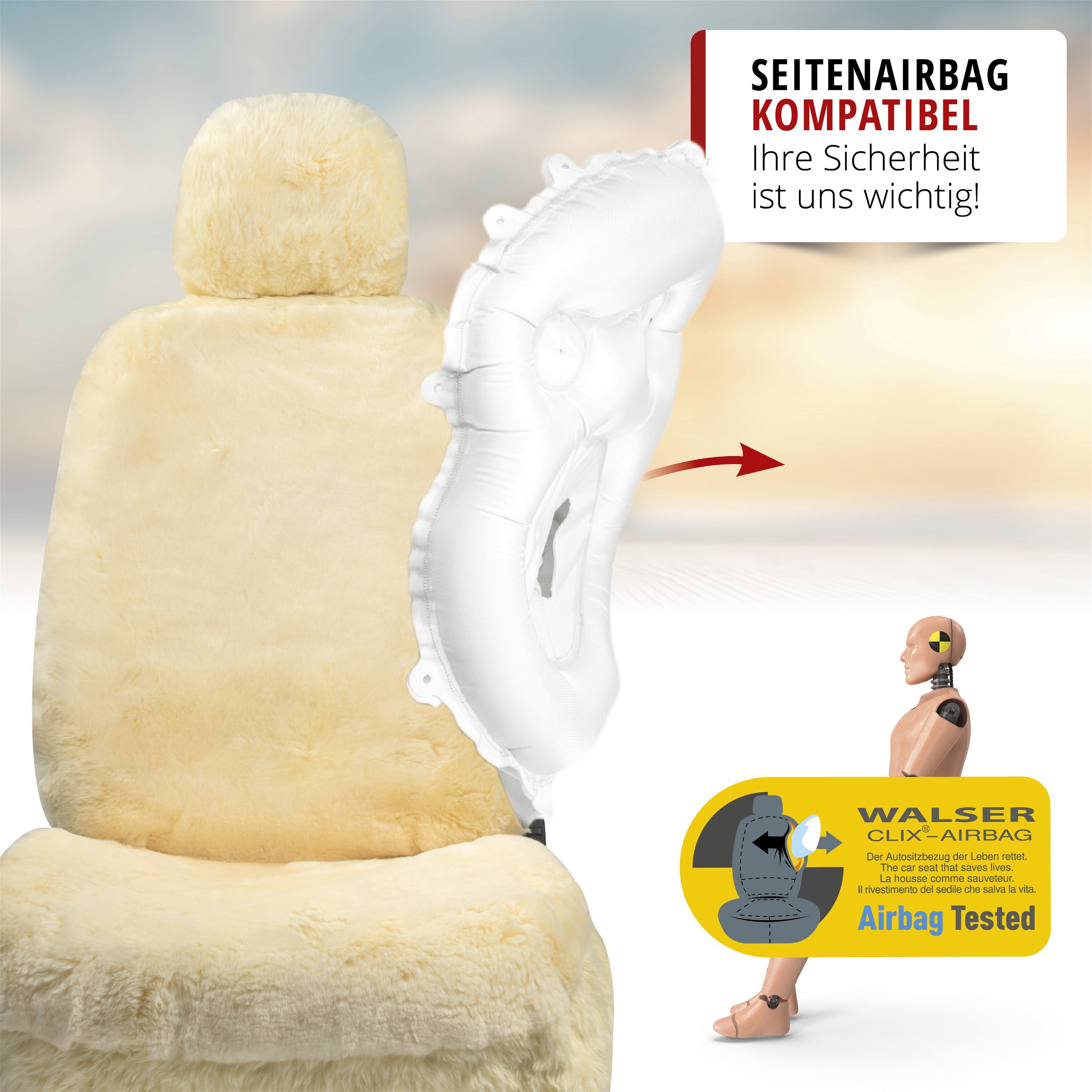 Autositzbezug Maya aus Lammfell, PKW-Schonbezug Einzelsitz, Lammfellbezug beige