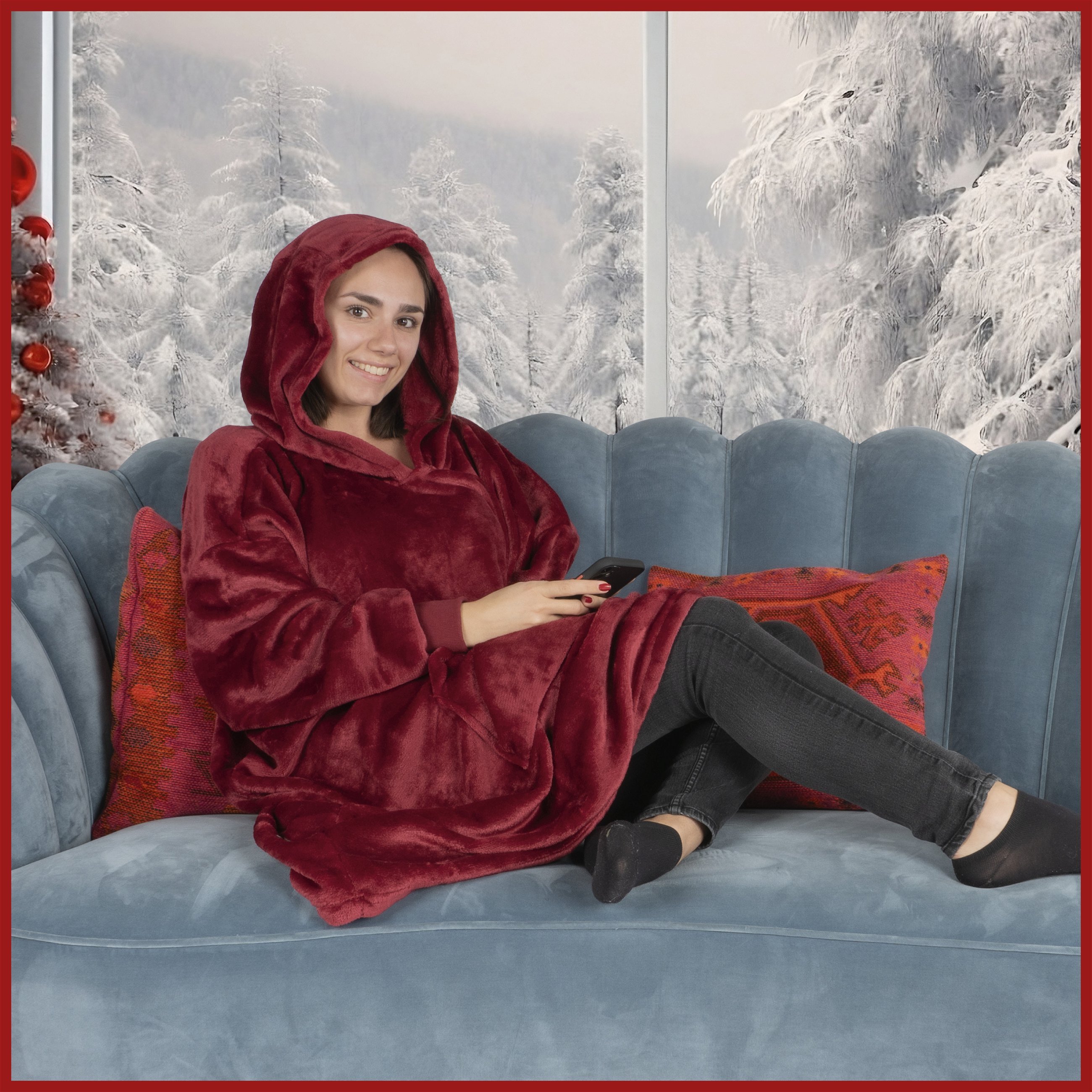 Pull douillet, couverture à capuche Snuggle, sweat à capuche oversize femme, couverture à capuche homme, couverture pull 104x102 cm grenat