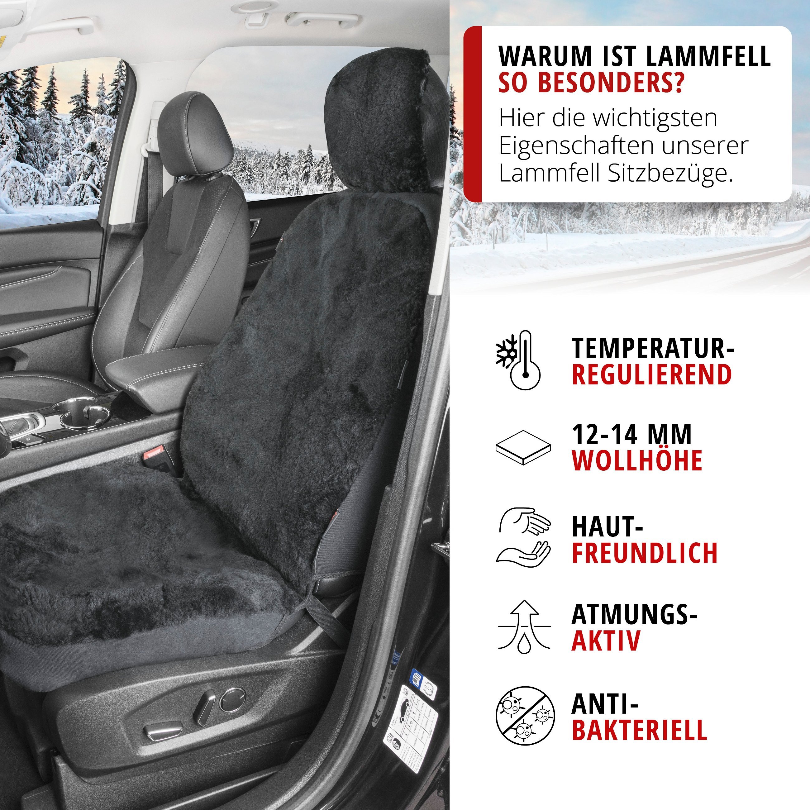 Autositzbezug Iva aus Lammfell, PKW-Schonbezug Einzelsitz, ZIPP-IT Lammfellbezug mit Reißverschluss schwarz