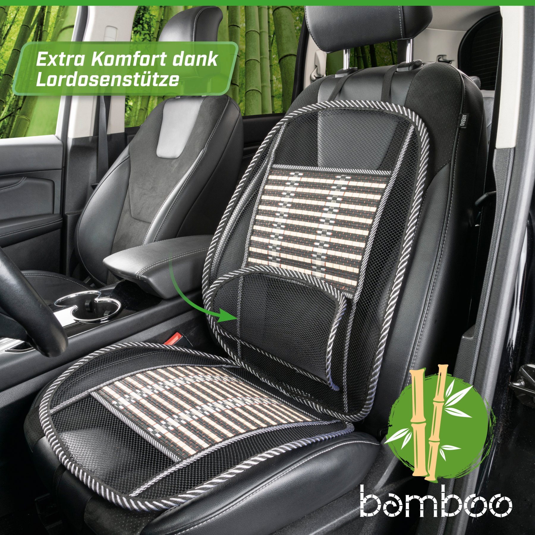 Atmungsaktive Bambus-Sitzauflage mit Lordosenstütze, Auto-Sitzauflagebeige/schwarz