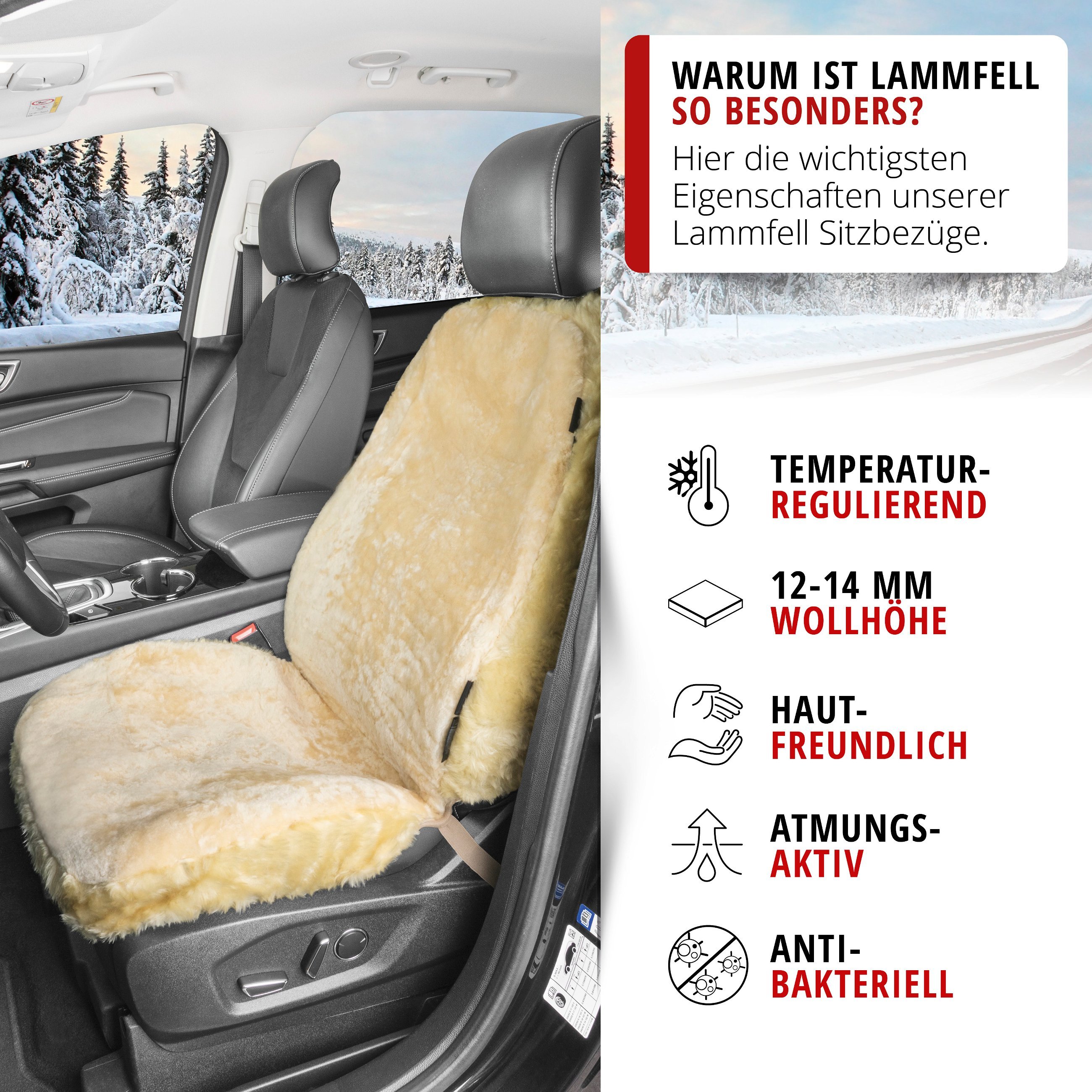 Autositzbezug Nineve aus Lammfell, PKW-Schonbezug Einzelsitz, ZIPP-IT Lammfellbezug mit Reißverschluss beige