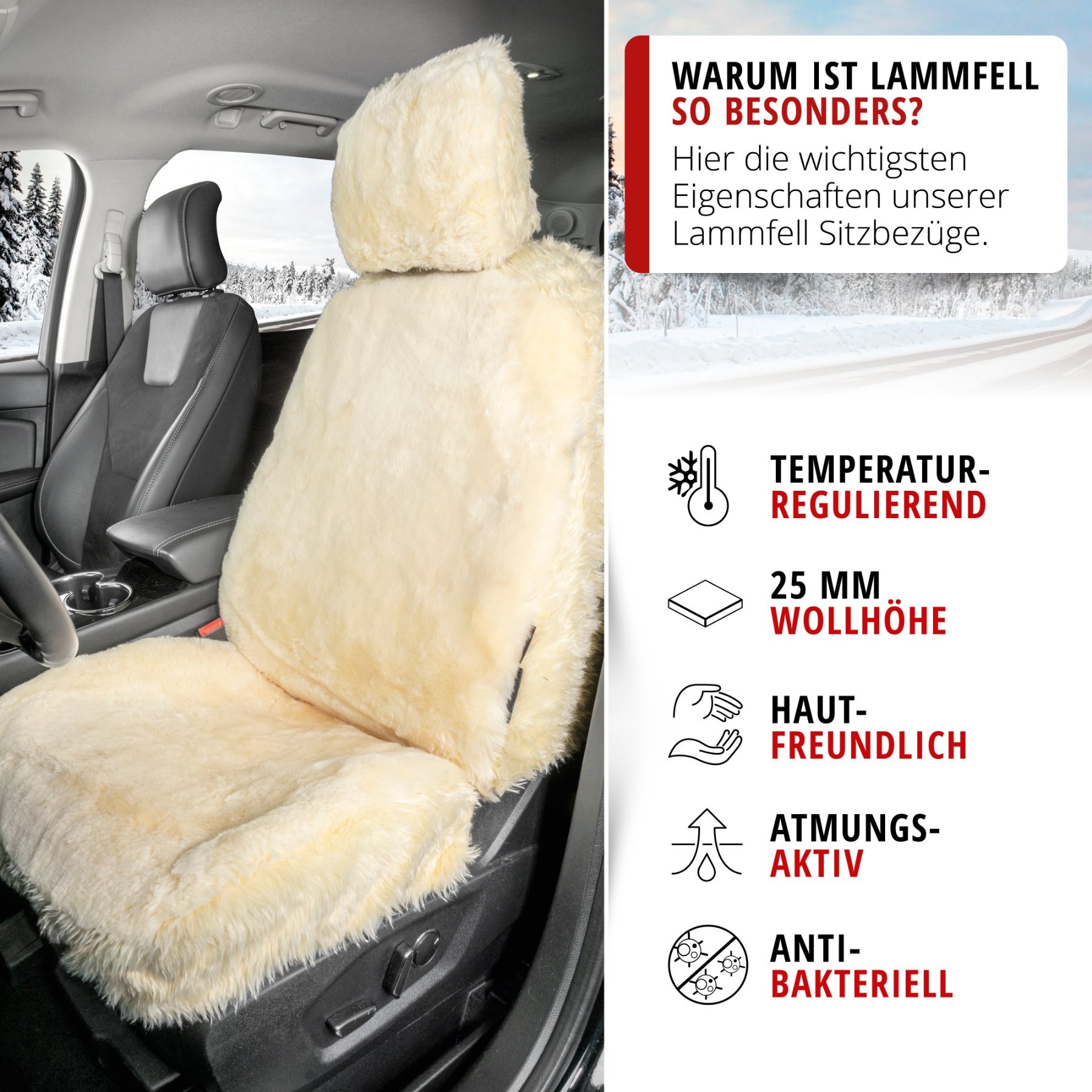Autositzbezug Maya aus Lammfell, PKW-Schonbezug Einzelsitz, Lammfellbezug beige