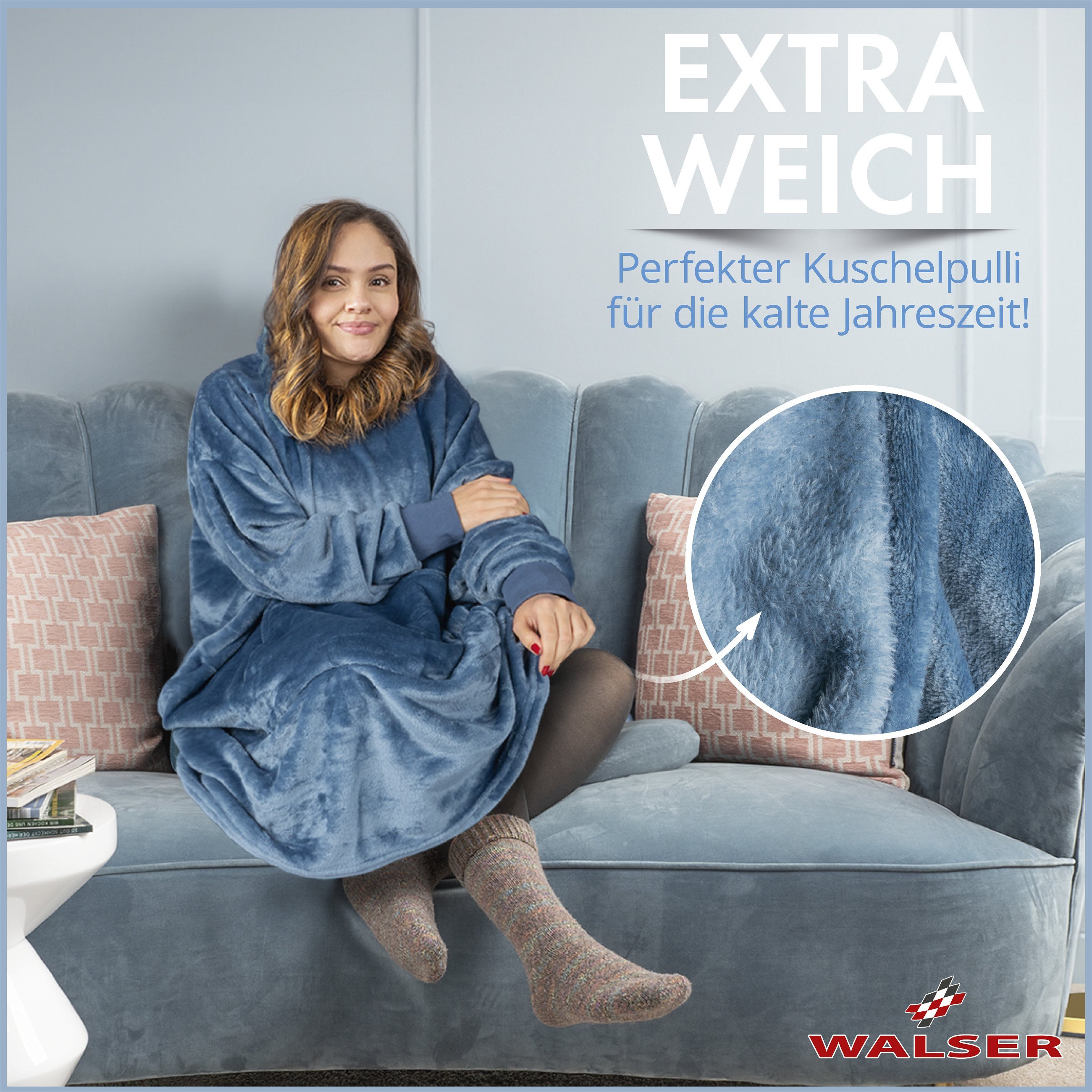 Kuschelpullover, Hoodie Decke Snuggle, Oversize Hoodie Damen, Decken Hoodie Herren, Decken Pulli 104x102 cm blau