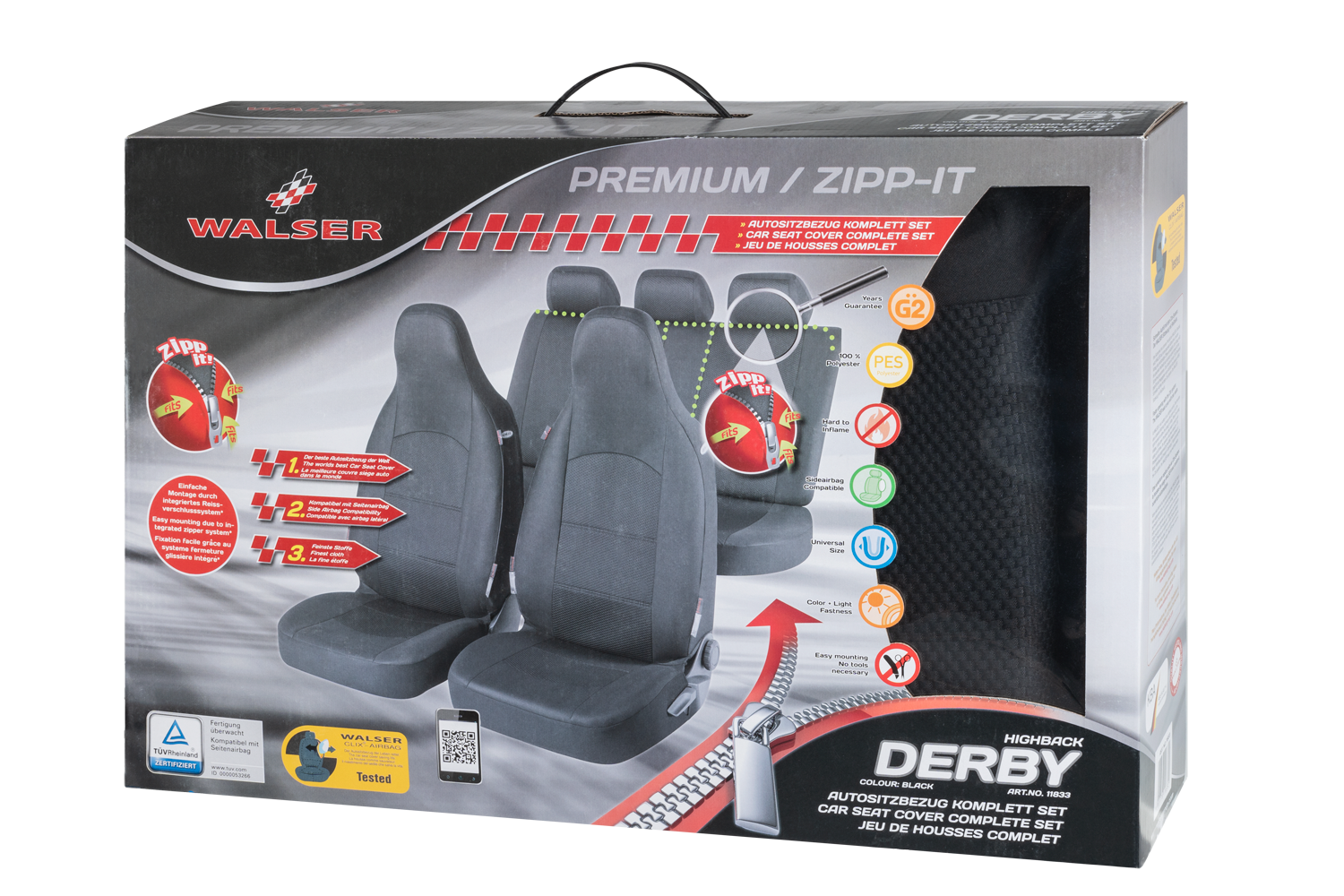 Auto stoelbeschermer Derby met Zipper ZIPP-IT Premium Autostoelhoes Highback, set, 2 stoelbeschermer voor voorstoel, 1 stoelbeschermer voor achterbank zwart 11833