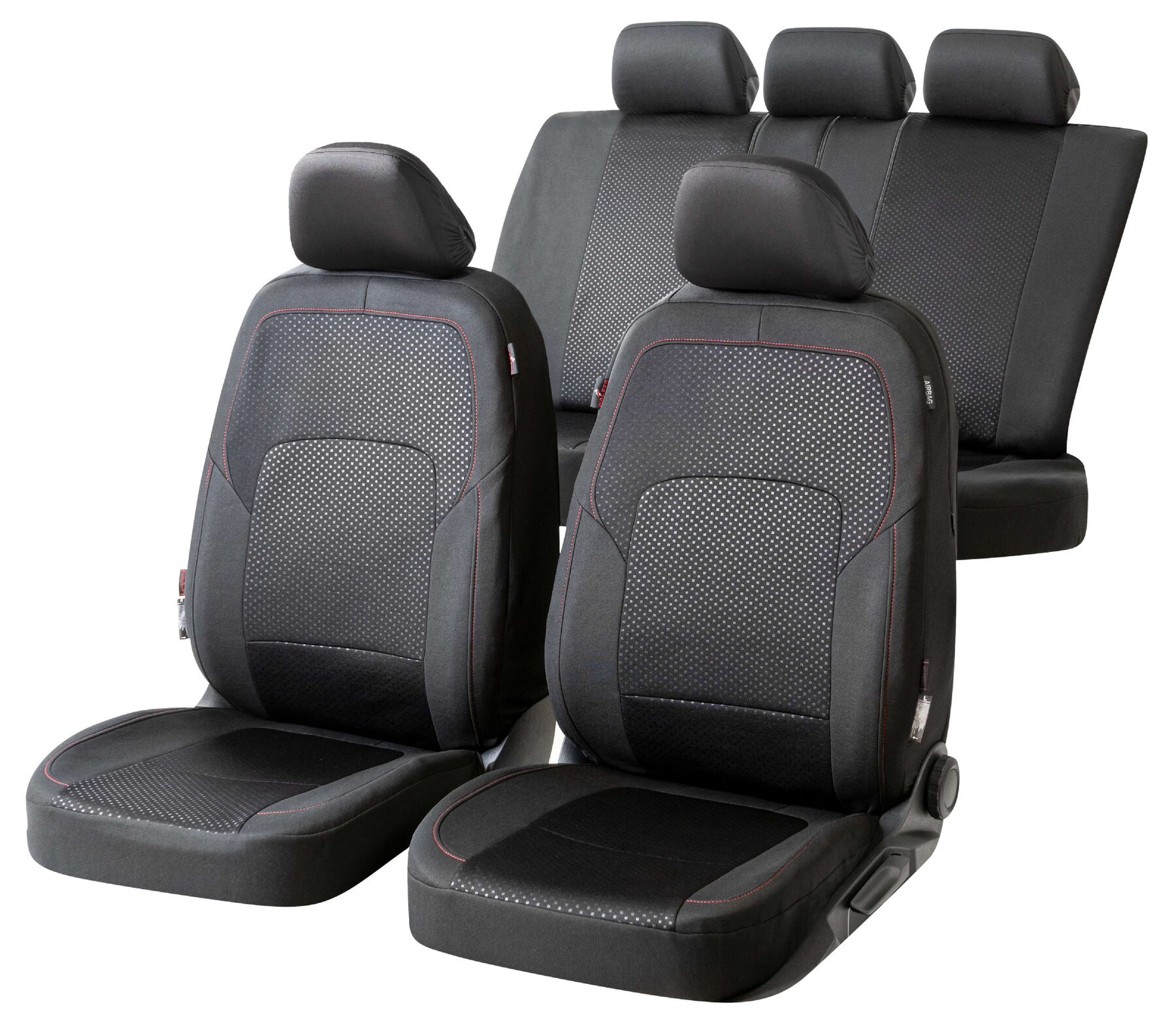 Premium Autostoelbekleding Logan met Zipper ZIPP-IT, Autostoelhoes set, 2 stoelbeschermer voor voorstoel, 1 stoelbeschermer voor achterbank zwart/rood 11861