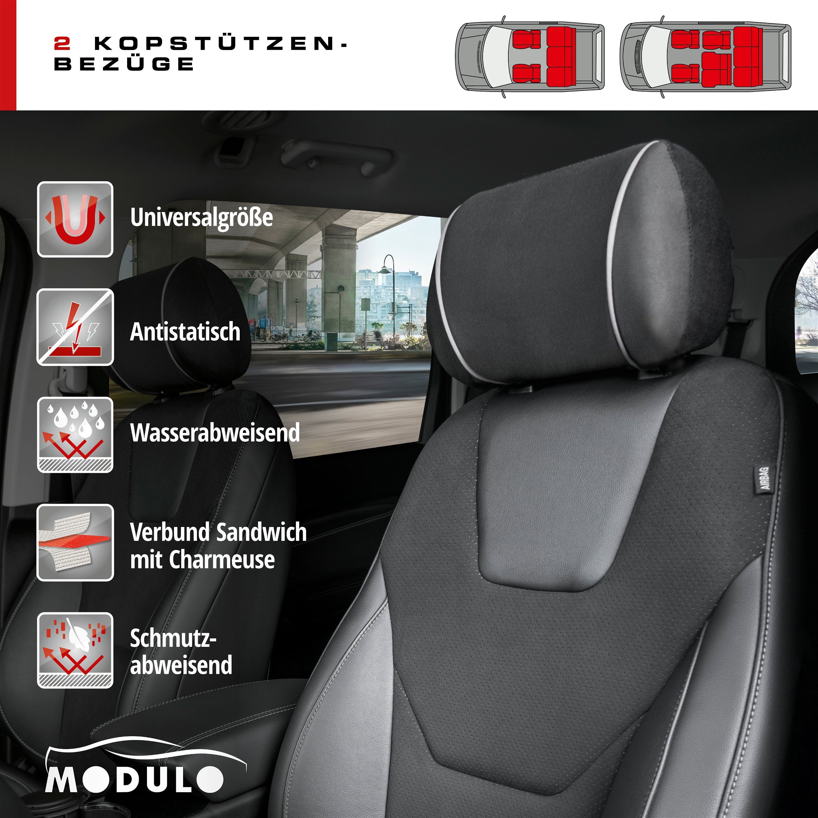 Kopfstützenbezug Modulo, Kopfstützenschoner Universalgröße 2 Stück schwarz