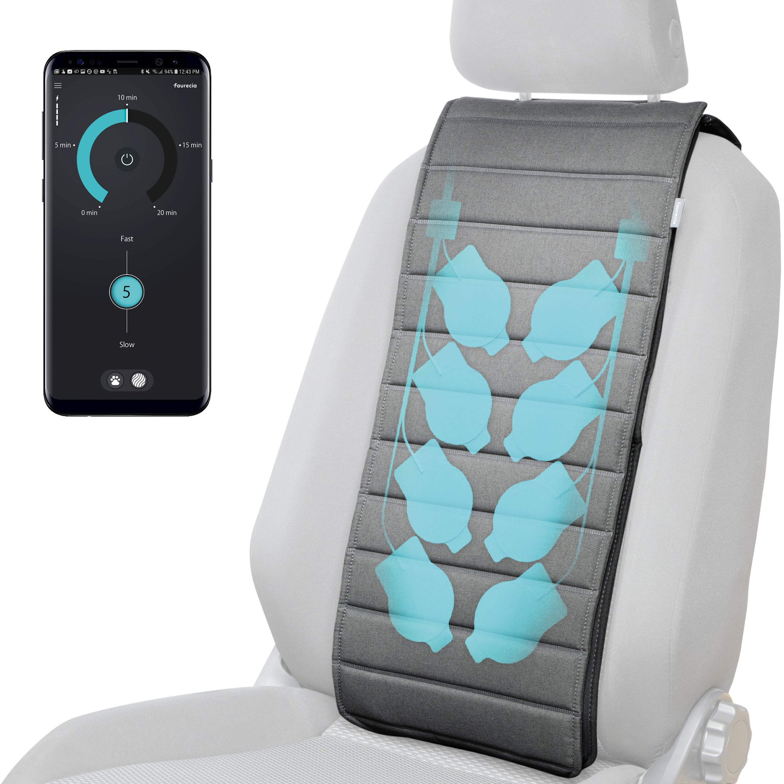 Faurecia Smart Massage Cover, coprisedile massaggiante per auto con controllo tramite app e batteria integrata, coprisedile per auto certificato da Campagna Schiena Sana
