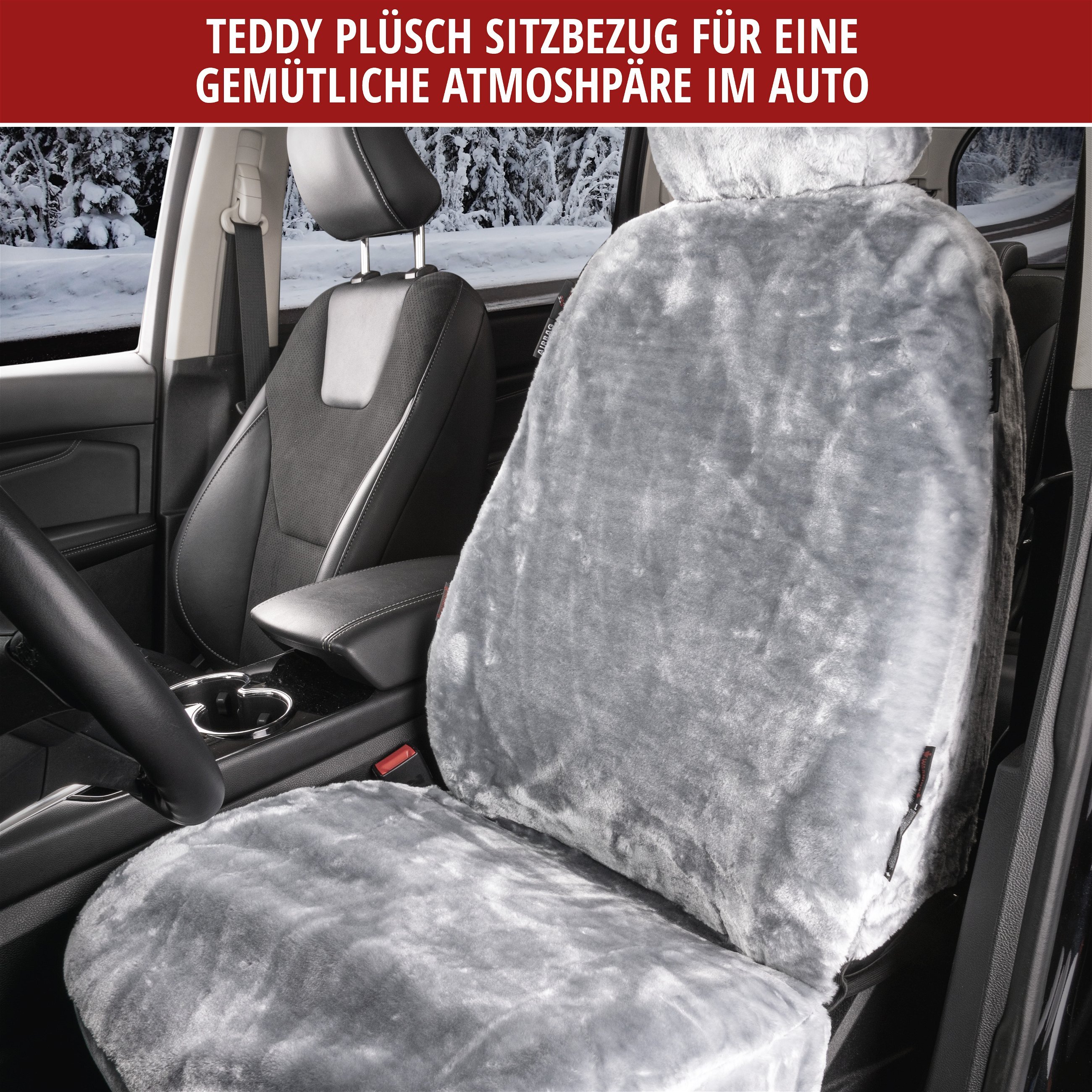 Autositzbezug Teddy aus Kunstfell, PKW-Schonbezug Einzelsitz, Kunstfellbezug vegan silber