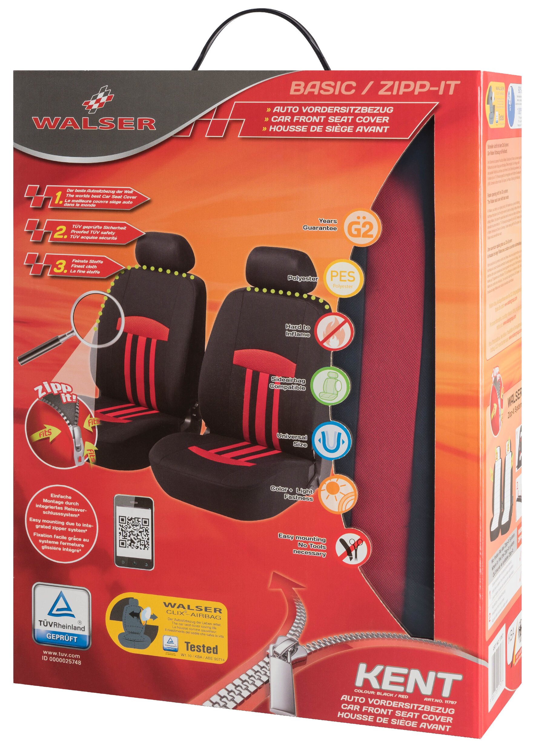ZIPP-IT Basic Kent red Car Seat covers for two front seats with zipper system