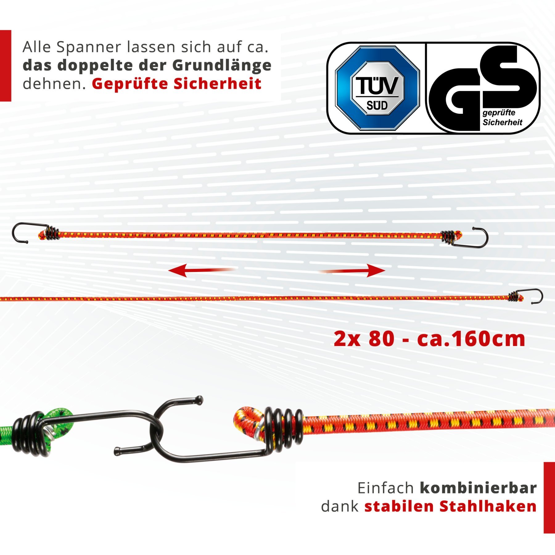 Gepäckspanner mit Haken, Spanngummi-Set, 2 Spanngurte 80 cm rot