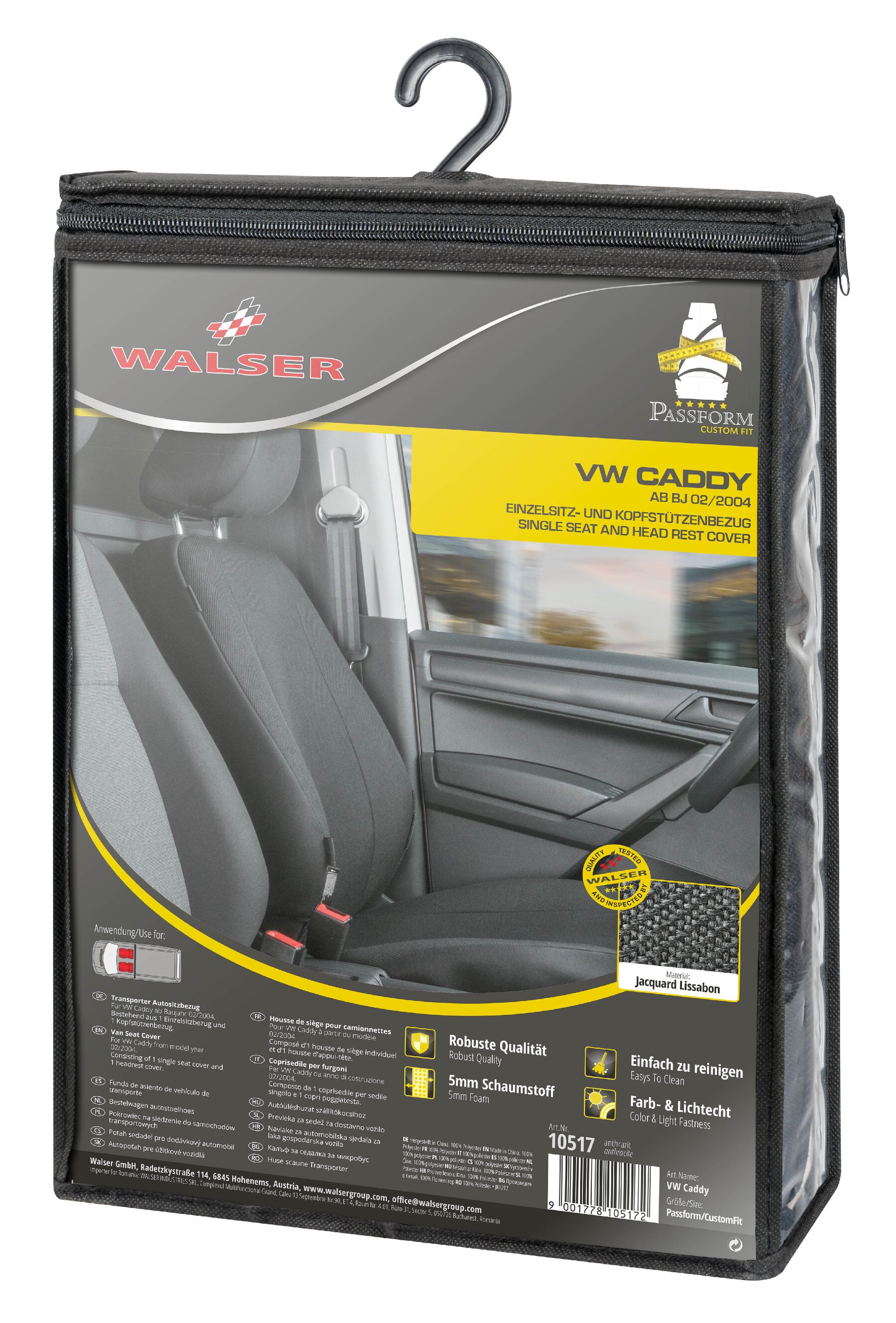 Housse de siège Transporter en tissu pour VW Caddy, siège avant simple