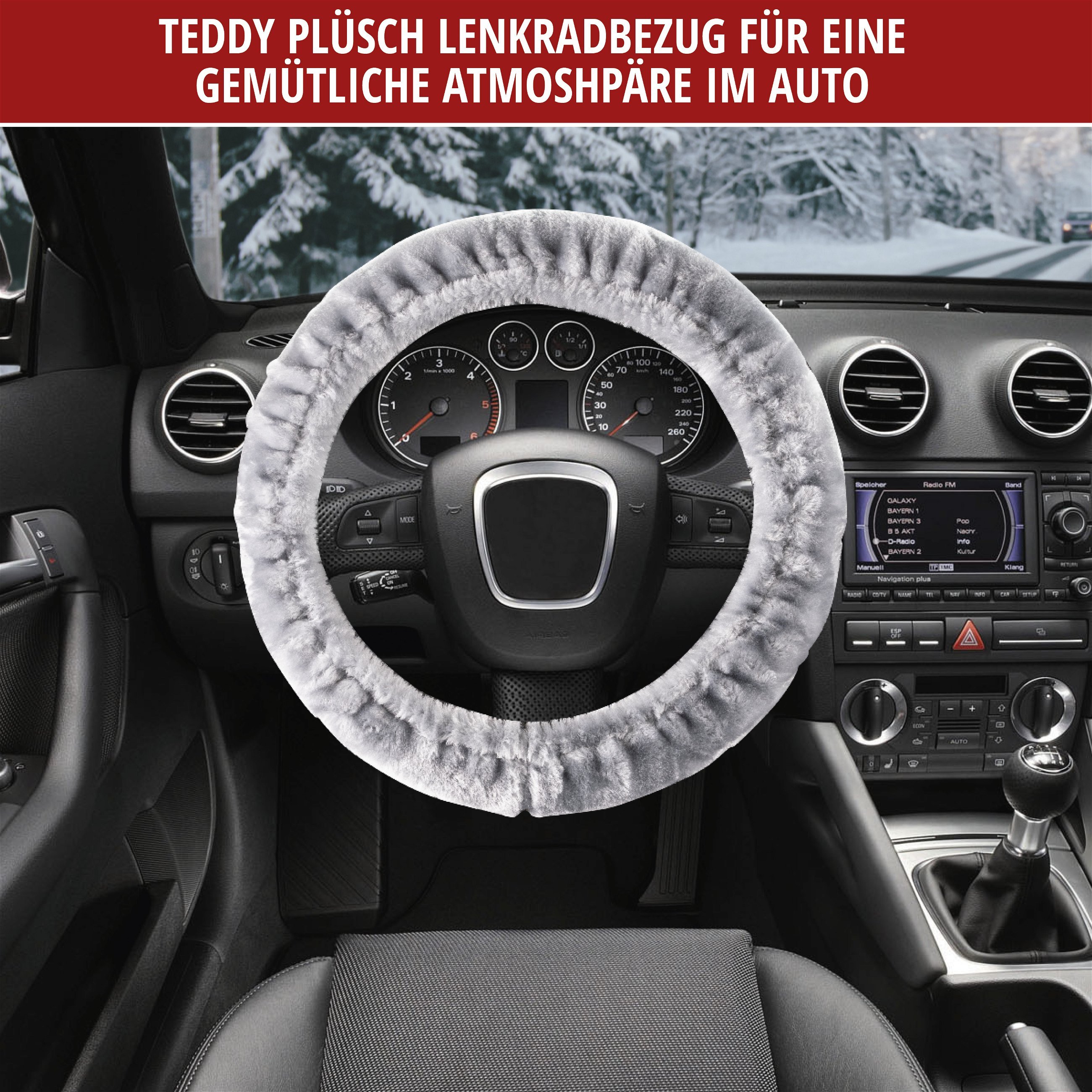 Lenkradhülle Teddy Plüsch, Vegane Lenkradhülle aus Kunstfell, Plüsch-Lenkradschoner silber