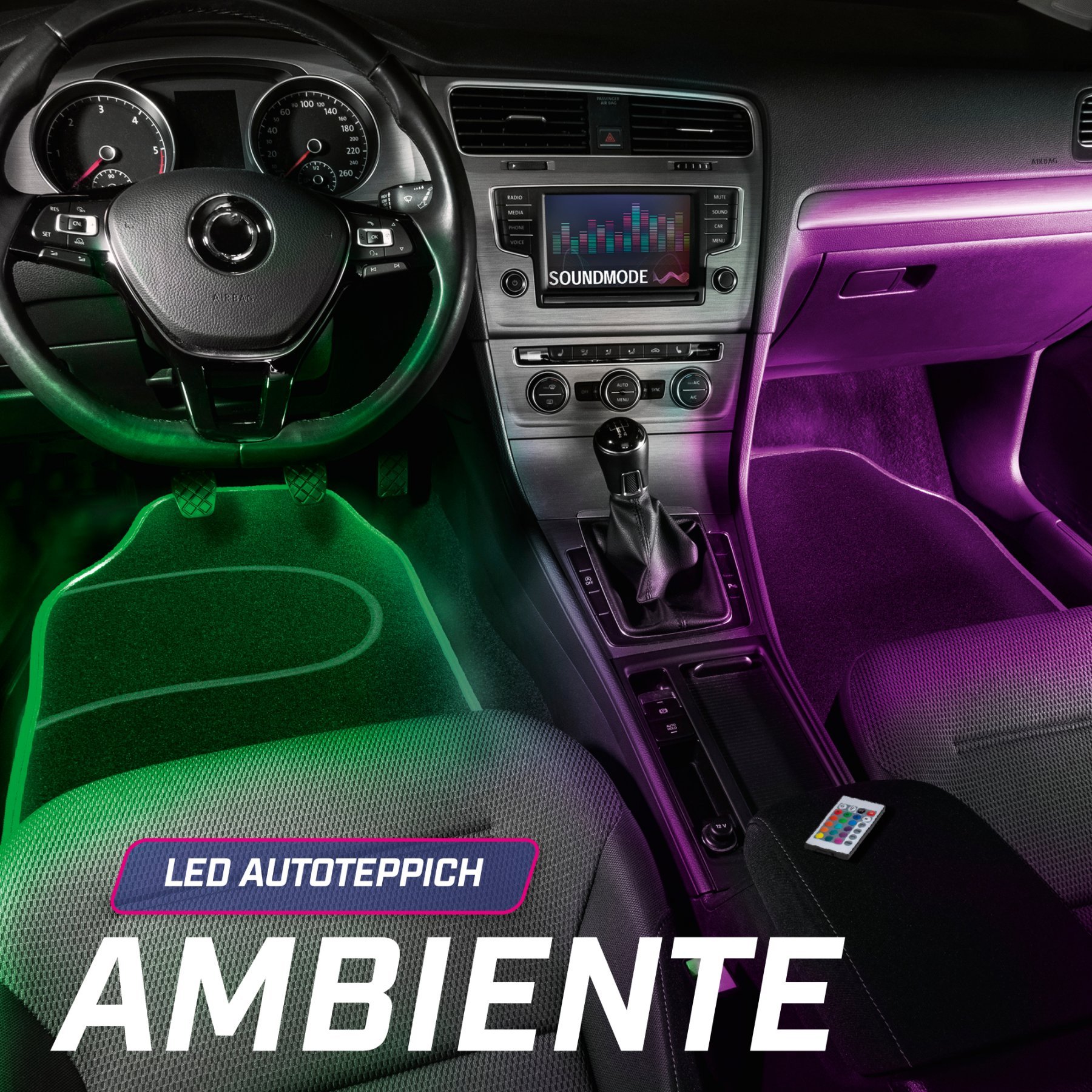 LED-Autoteppich Ambiente mit Farbauswahl, PKW-Fußmatte mit Lichtfunktionen und Fernbedienung