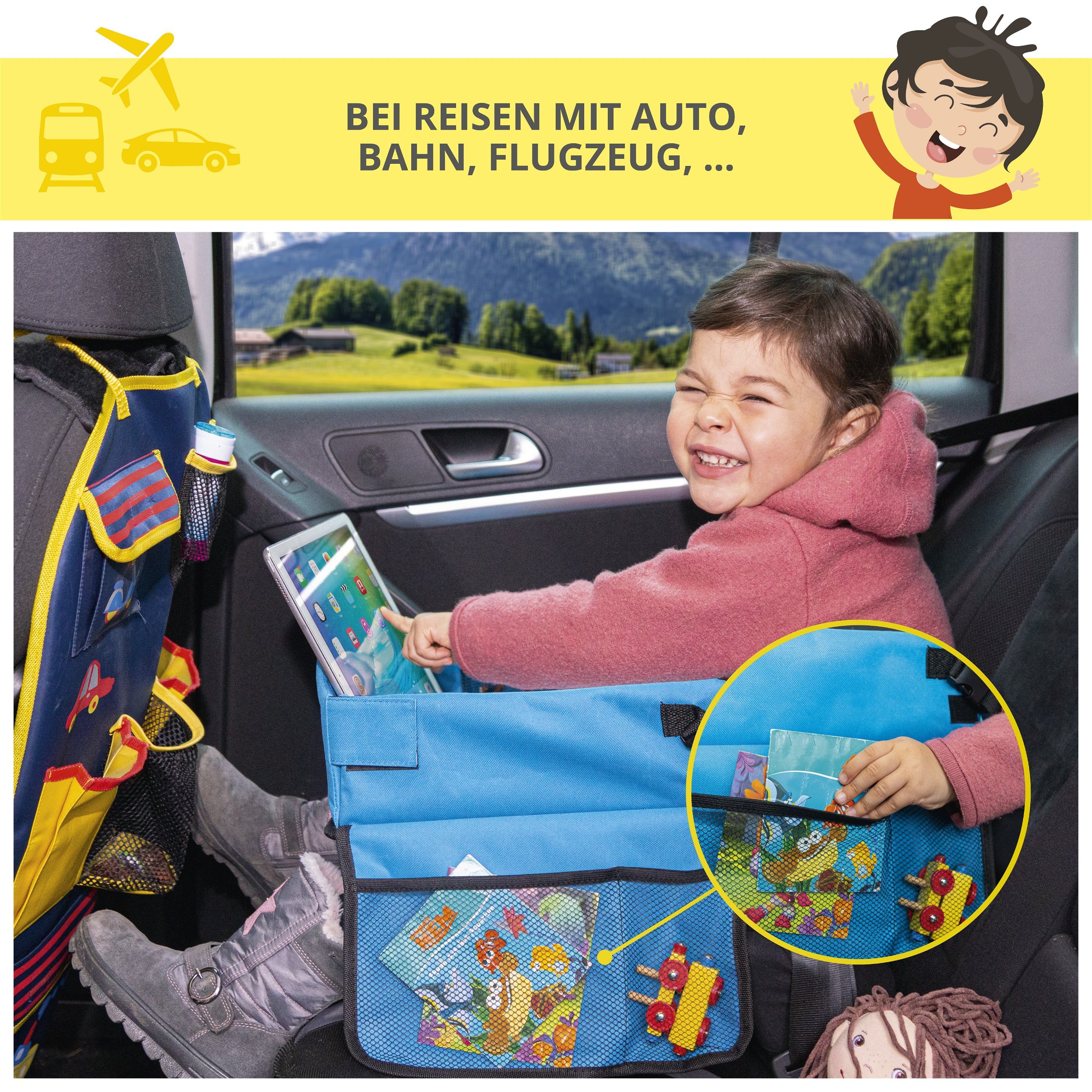 Kinder-Reisespieltisch-Auto mit Tablethalterung blau