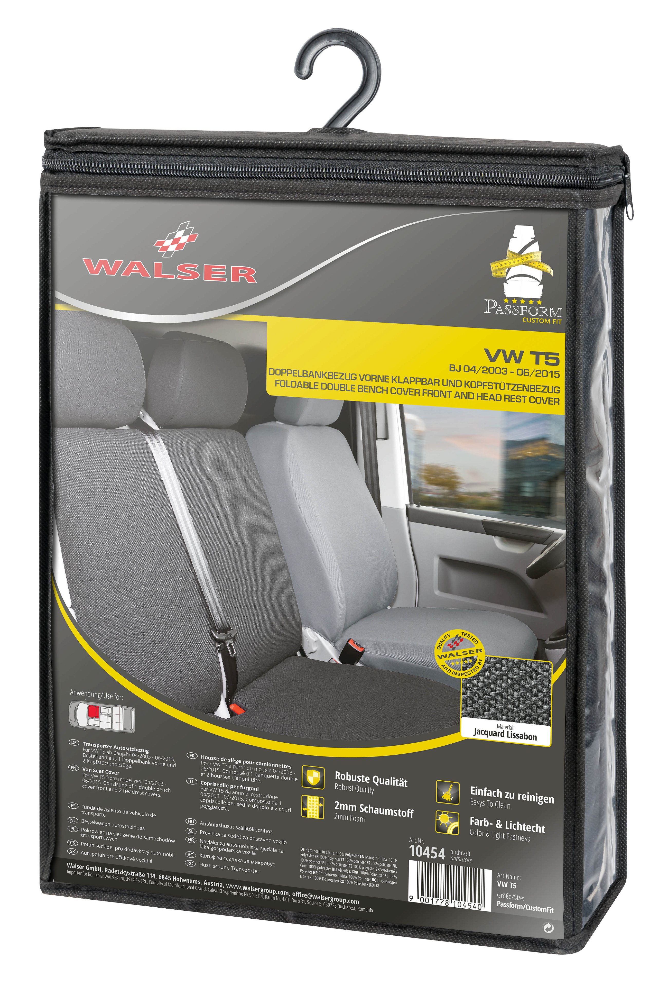 Housse de siège Transporter en tissu pour VW T5, double banquette avant pliable