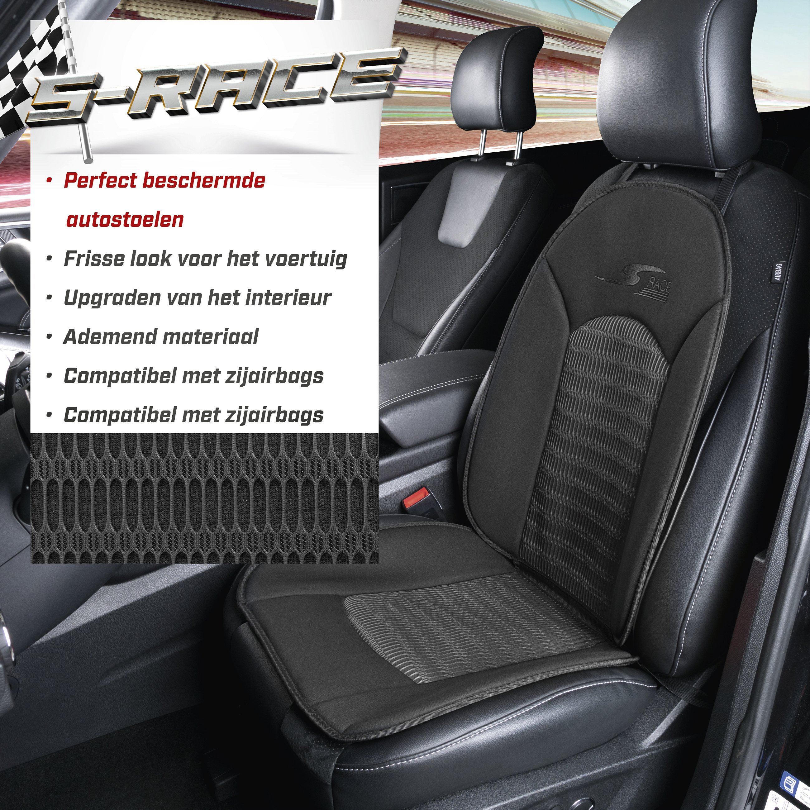 Autostoelhoes, bekleding S-Race in zwart