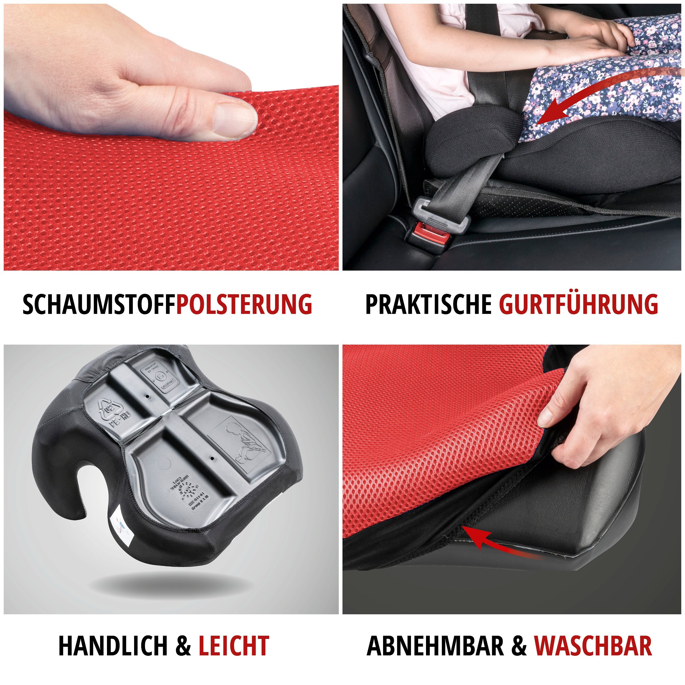Kindersitzerhöhung Lino, Auto-Kindersitz ECE 44/04 geprüft schwarz/rot
