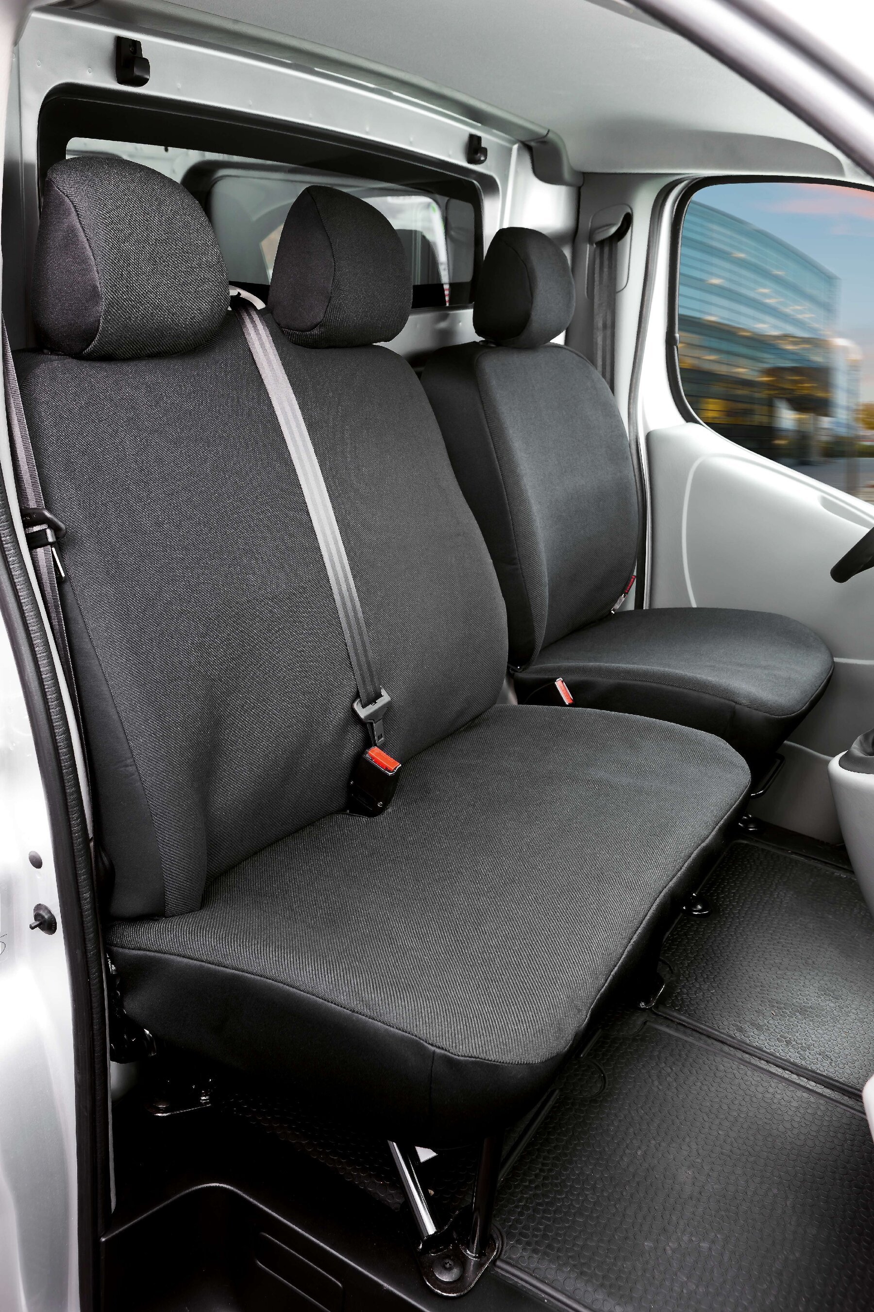 Autostoelhoes Transporter Fit van stof antraciet geschikt voor Opel Vivaro, Renault Traffic, Nissan Primastar, Einzel- & Dubbele Bank