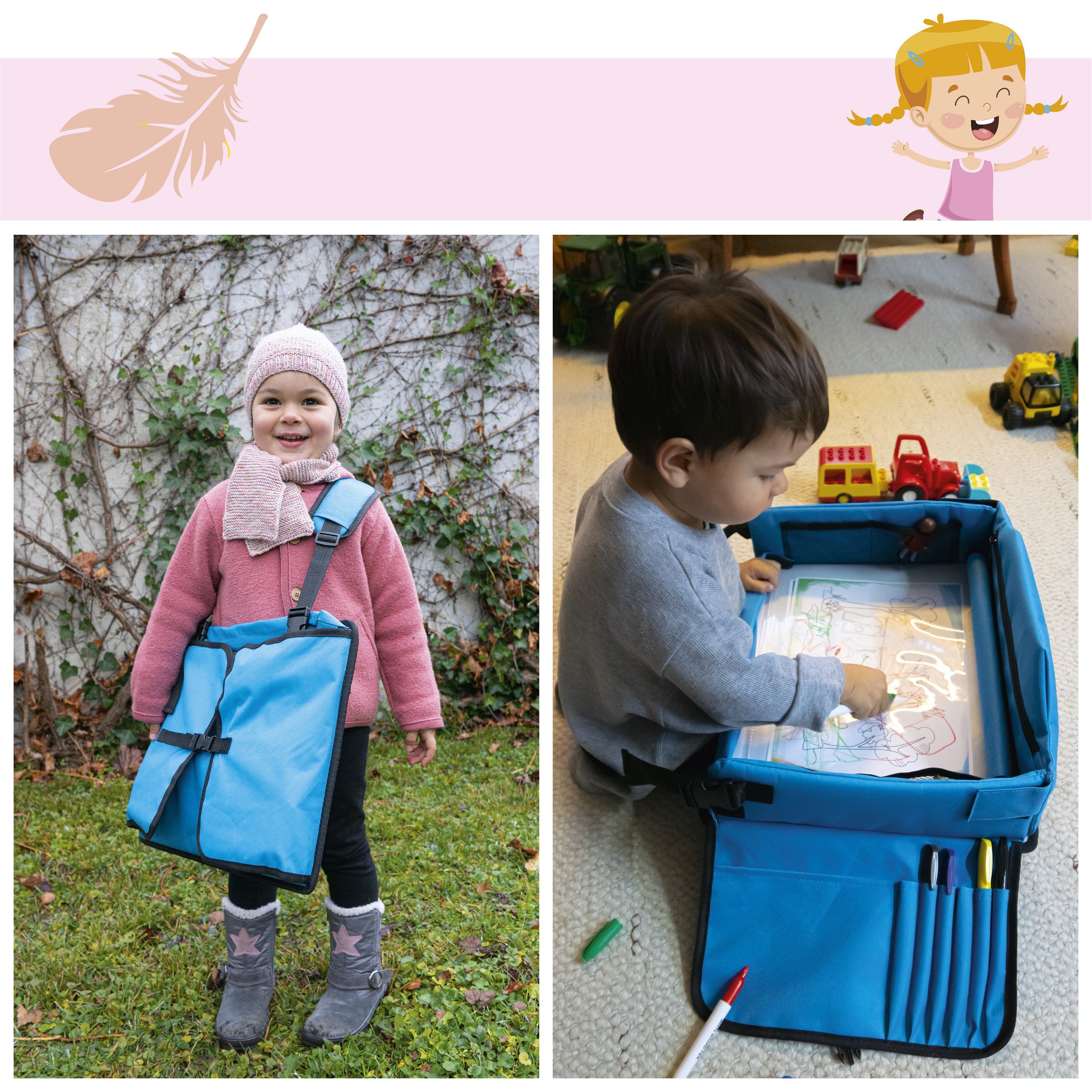 Children's travel play table for the car with tablet holder blue