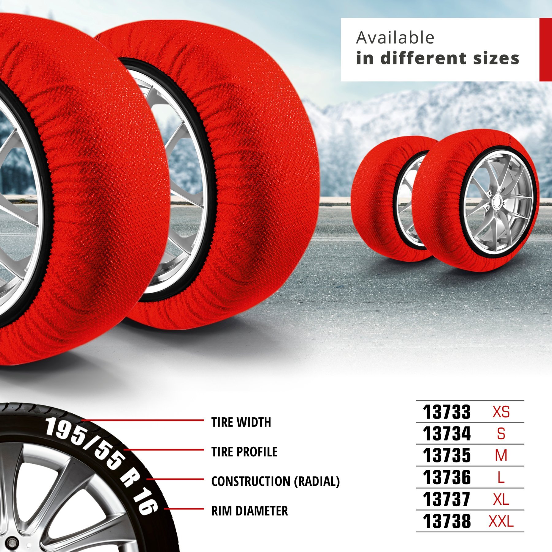 Textile snow chain Alternative Active L, snow socks 2 pieces red