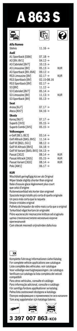 Scheibenwischer A 863 S, 2 Frontscheibenwischer