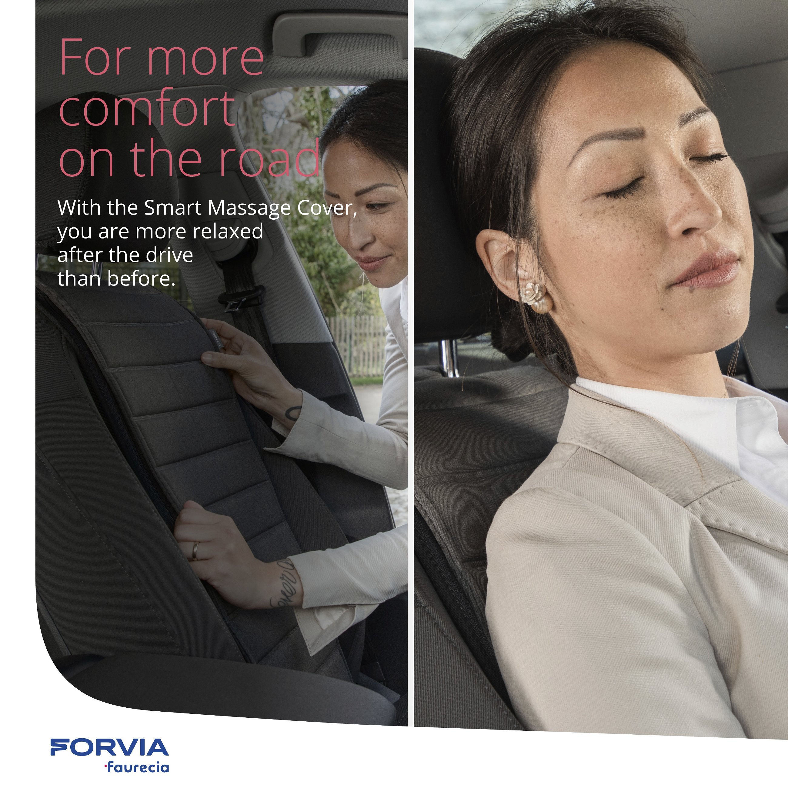 Faurecia Smart Massage Cover, car massage seat cushion with app control and integrated battery, car seat pad certified by the Healthy Back Campaign