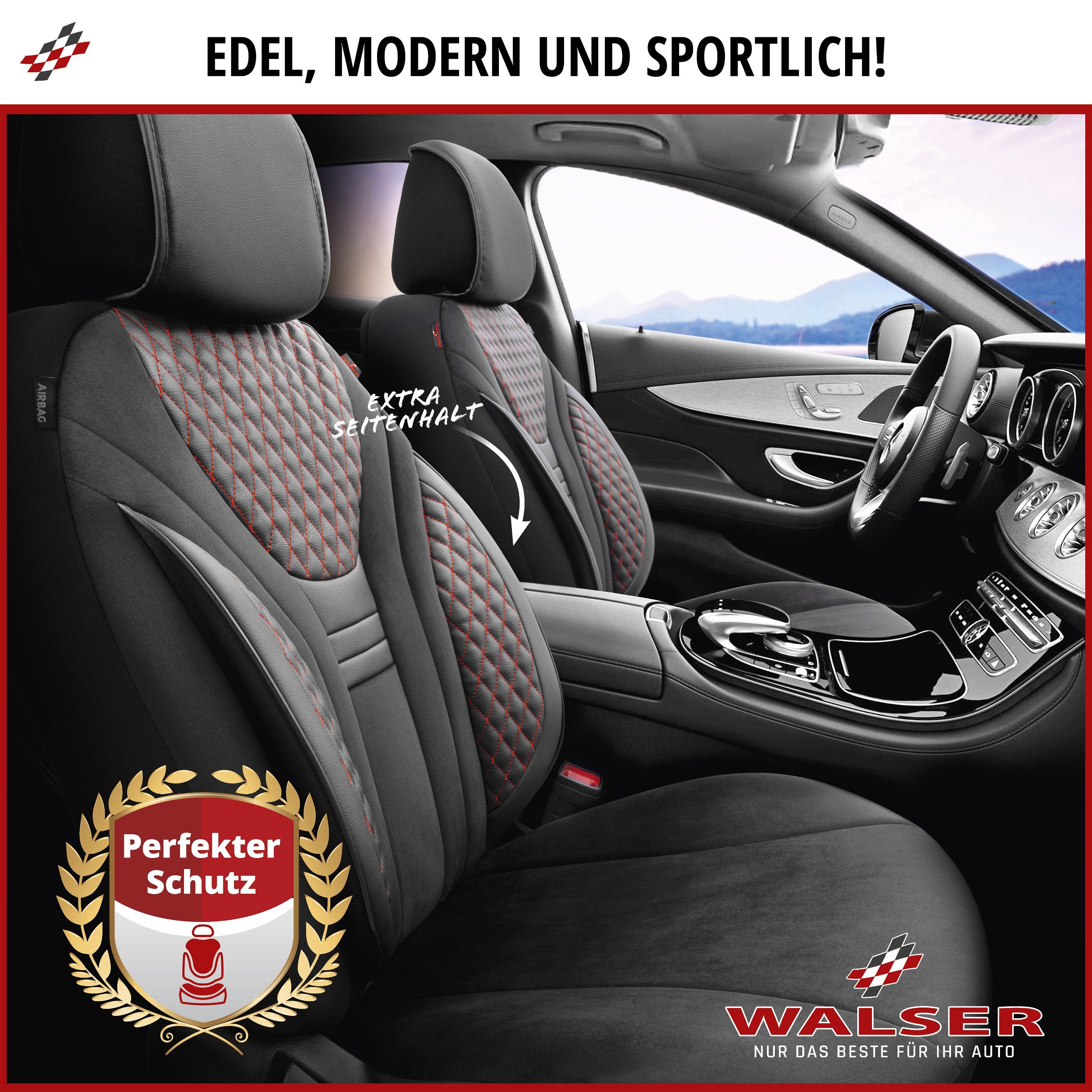 Autositzbezug ZIPP-IT Deluxe Balmoral, PKW-Schonbezüge für 2 Vordersitze mit Reißverschluss-System schwarz/rot