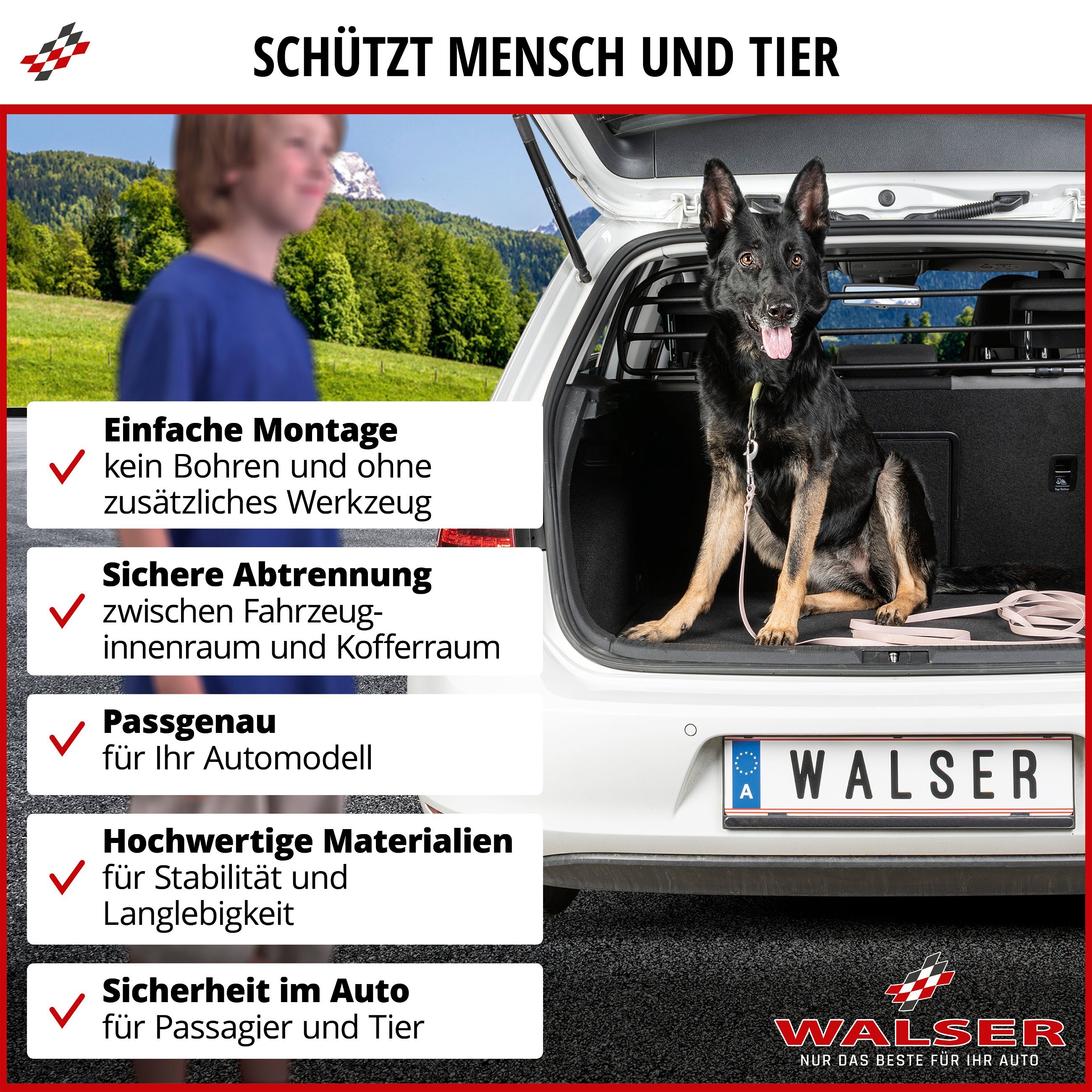 Hundegitter Dog Guard, Trenngitter für Hunde mit Metallstreben, Auto Schutzgitter schwarz, Größe 9 - 1130x320mm