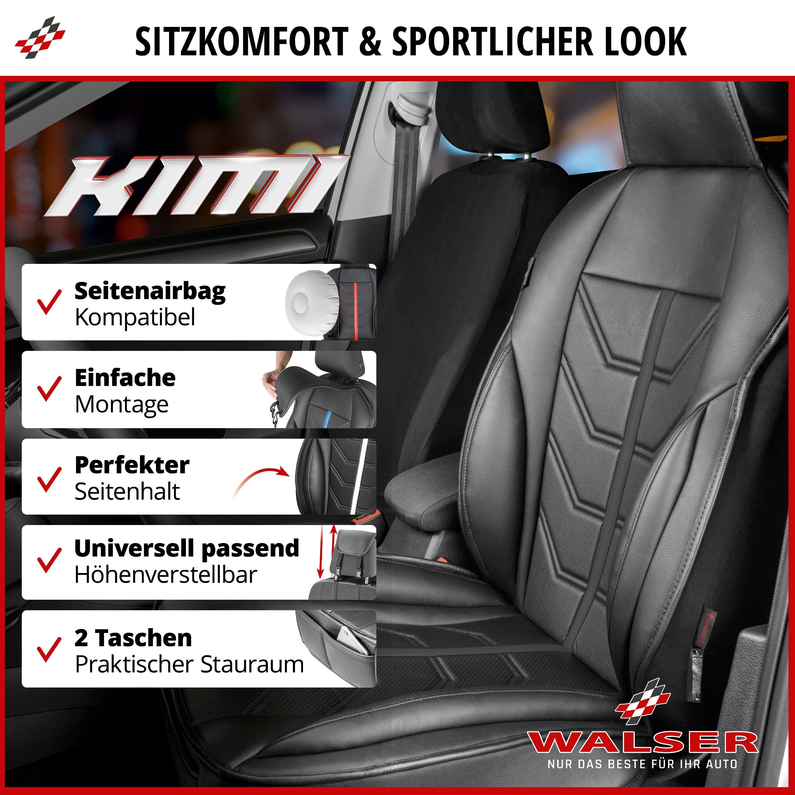 PKW Sitzauflage Kimi, Auto-Sitzaufleger im Rennsportdesign schwarz