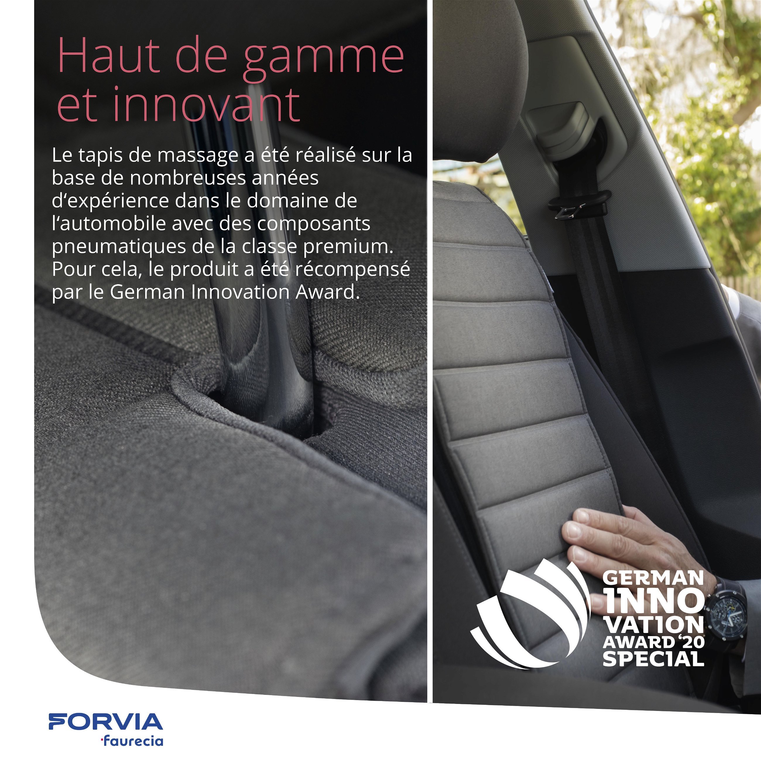 Smart Massage Cover Faurecia, housse de siège massante pour voiture avec commande par application et batterie intégrée, housse de siège pour voiture certifiée par Action pour la santé du dos