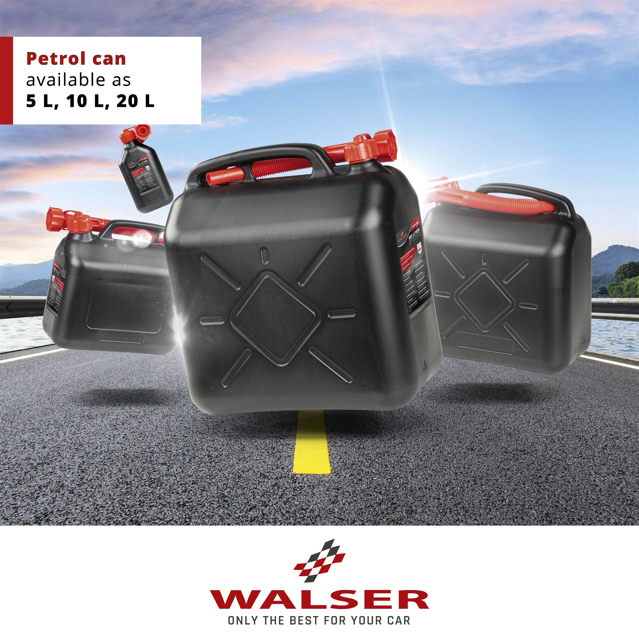Petrol can 20 litres, fuel can UN-approved, spare can with safety cap black/red