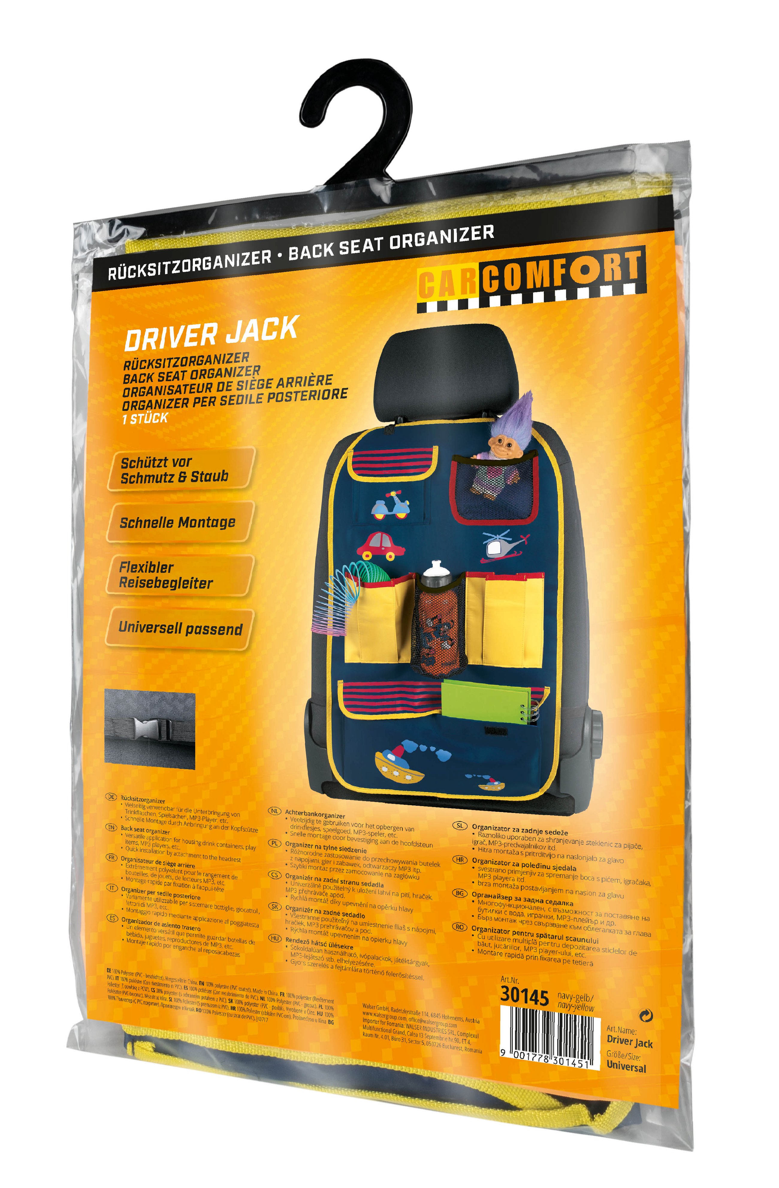 Auto-Organizer Kinderen, Rugleuningbeschermer Kinderen, Bestuurders Jack Blauw/Geel