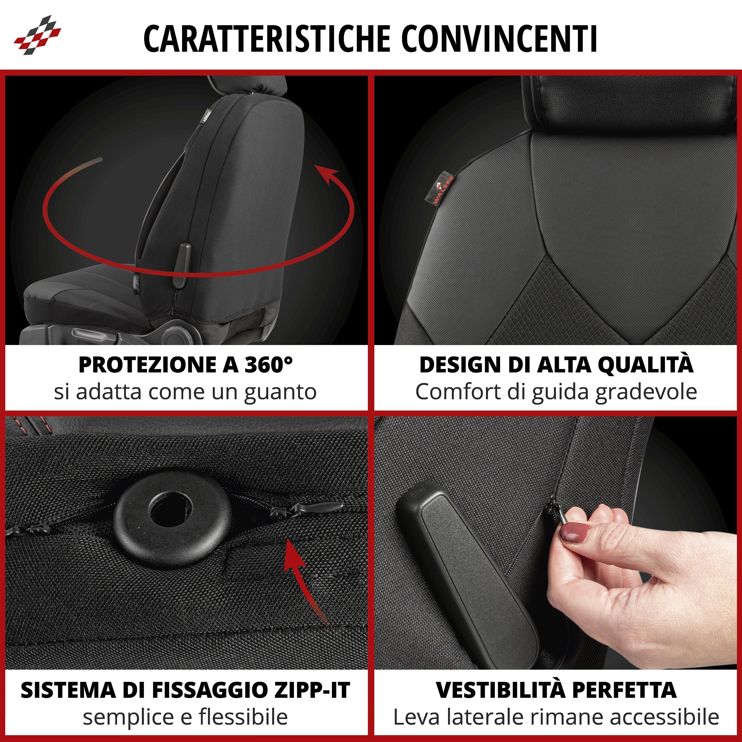 ZIPP IT Premium Coprisedili Portofino per due sedili anteriori con sistema di chiusura lampo nero/grigio