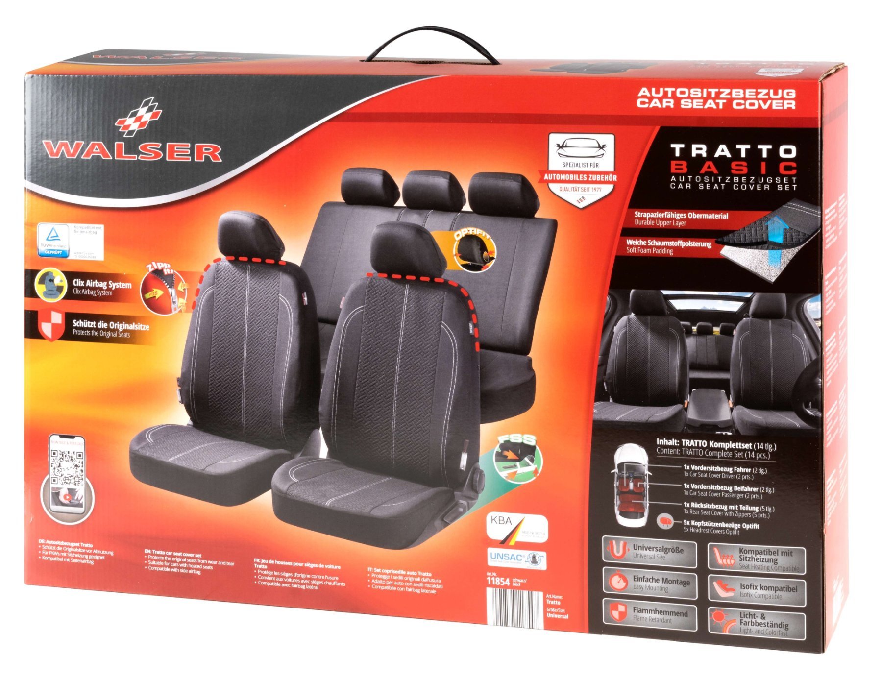 Autostoelbekleding Tratto met Zipper ZIPP-IT, Autostoelhoes set, 2 stoelbeschermer voor voorstoel, 1 stoelbeschermer voor achterbank zwart