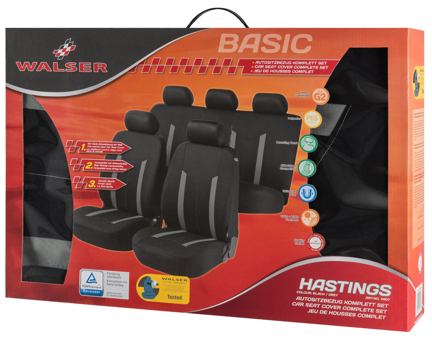 Auto stoelbeschermer Hastings, Autostoelhoes, set, 2 stoelbeschermer voor voorstoel, 1 stoelbeschermer voor achterbank zwart/grijs
