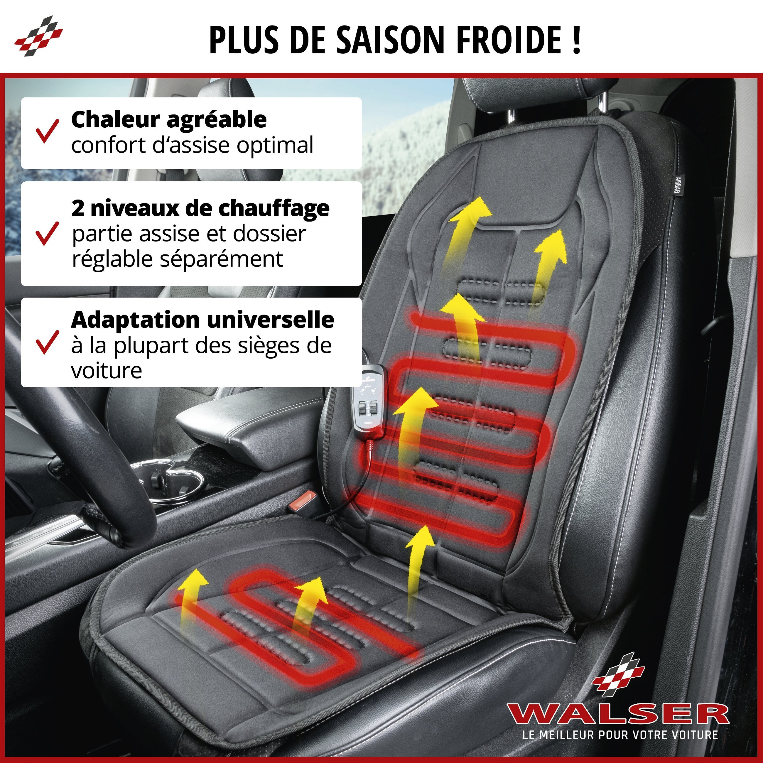 Premium housse de siège chauffante, modèle Caldo - Dossier et assise chauffants individuellement, 2 niveaux de chauffage au choix, chauffage de siège auto avec prise 12 volts